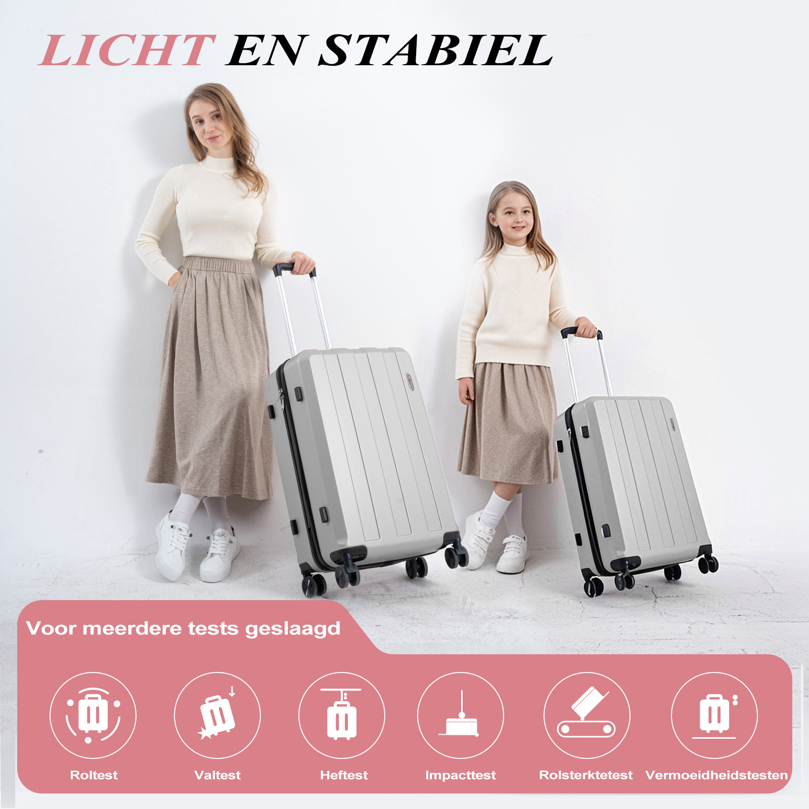 A woman and a girl stand with gray suitcases. Text: LIGHT EN STABIEL. Below: test icons and text in Dutch.
