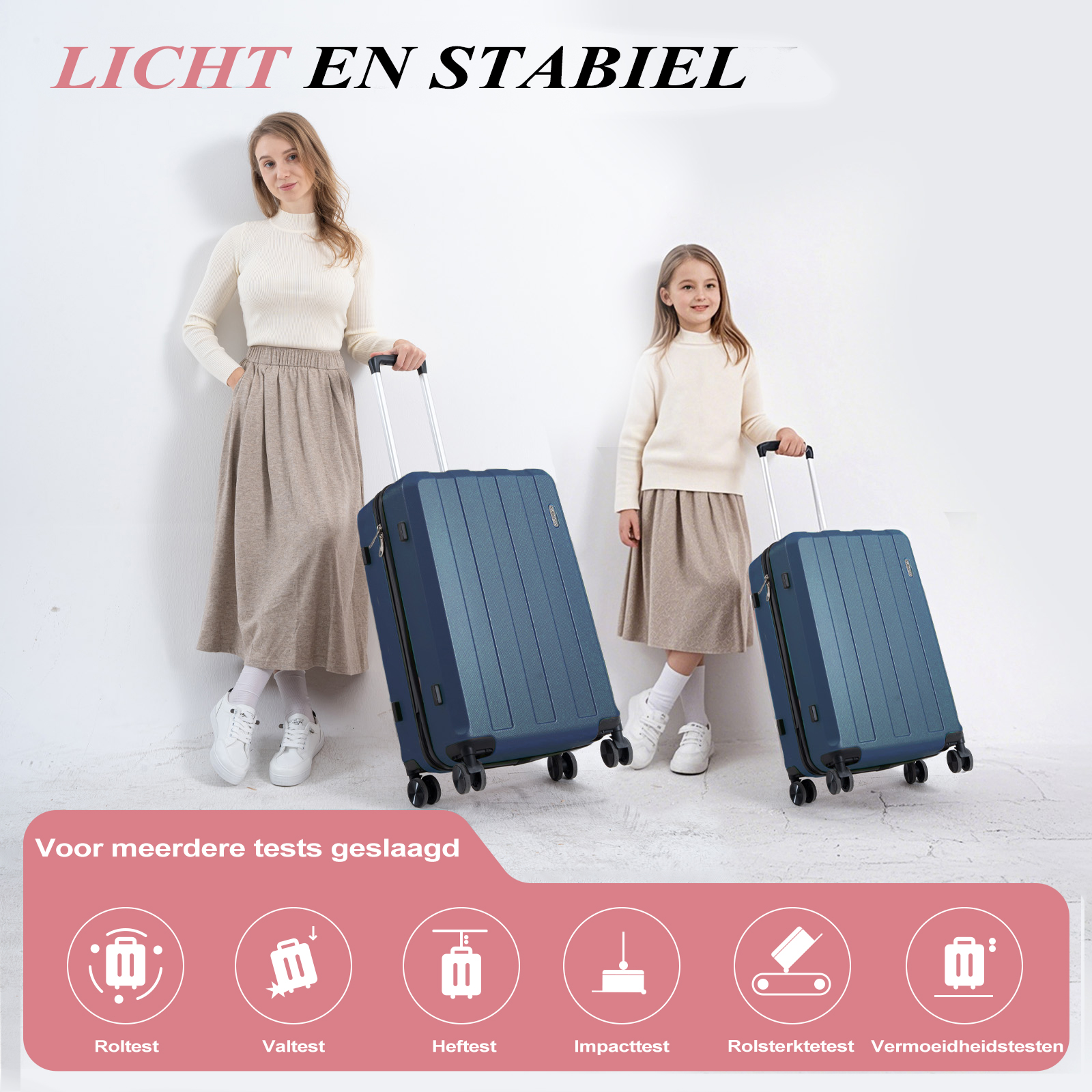 Woman and child with blue suitcases. Text: Light and stable. Icons show tests like impact and roll.