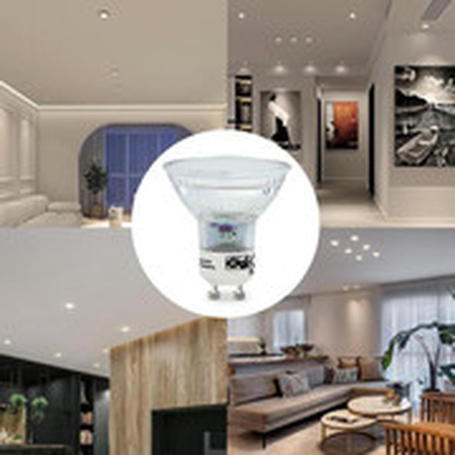 Obraz przedstawia żarówkę w okręgu nad czterema widokami wnętrz, w tym salonami i korytarzami z lampami.