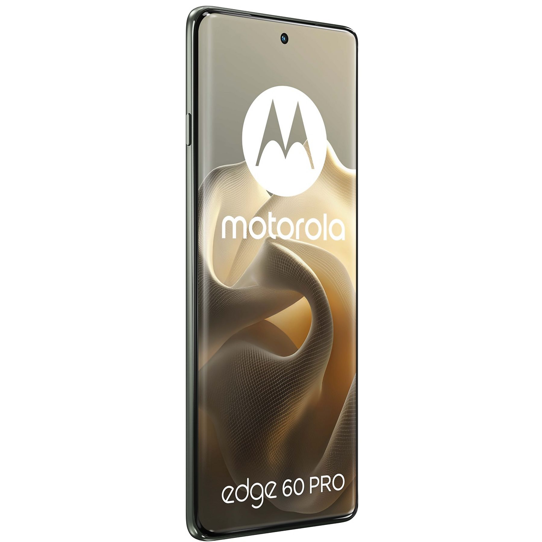 Smartphone Motorola Edge 60 Pro. La pantalla muestra el logotipo de Motorola y un patrón ondulado. El teléfono es verde.