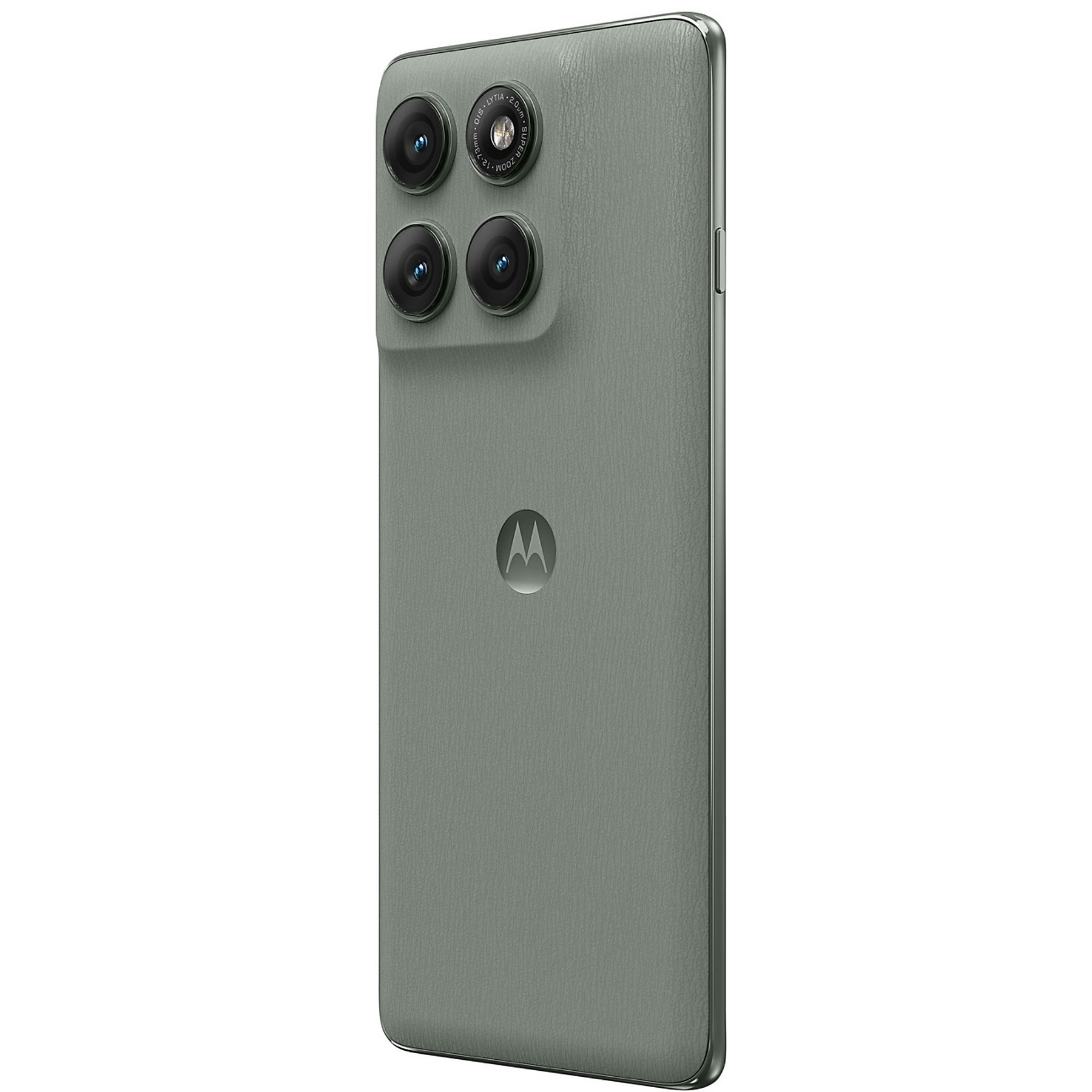 Un teléfono inteligente gris con cuatro lentes de cámara. El logotipo de Motorola es visible en la parte posterior. El teléfono tiene un acabado texturizado.