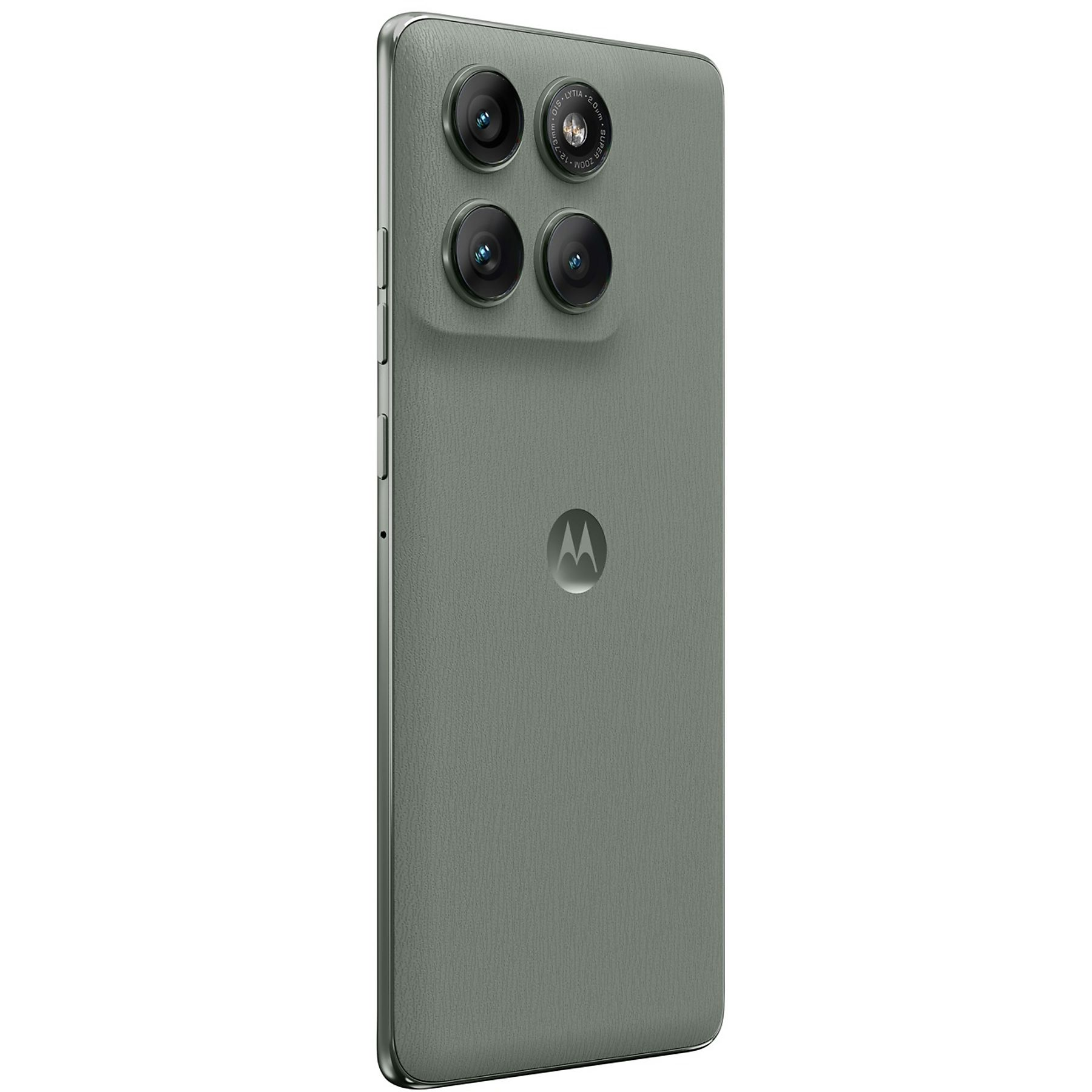 Un smartphone gris con cuatro lentes de cámara. El logotipo de Motorola es visible en la parte trasera.