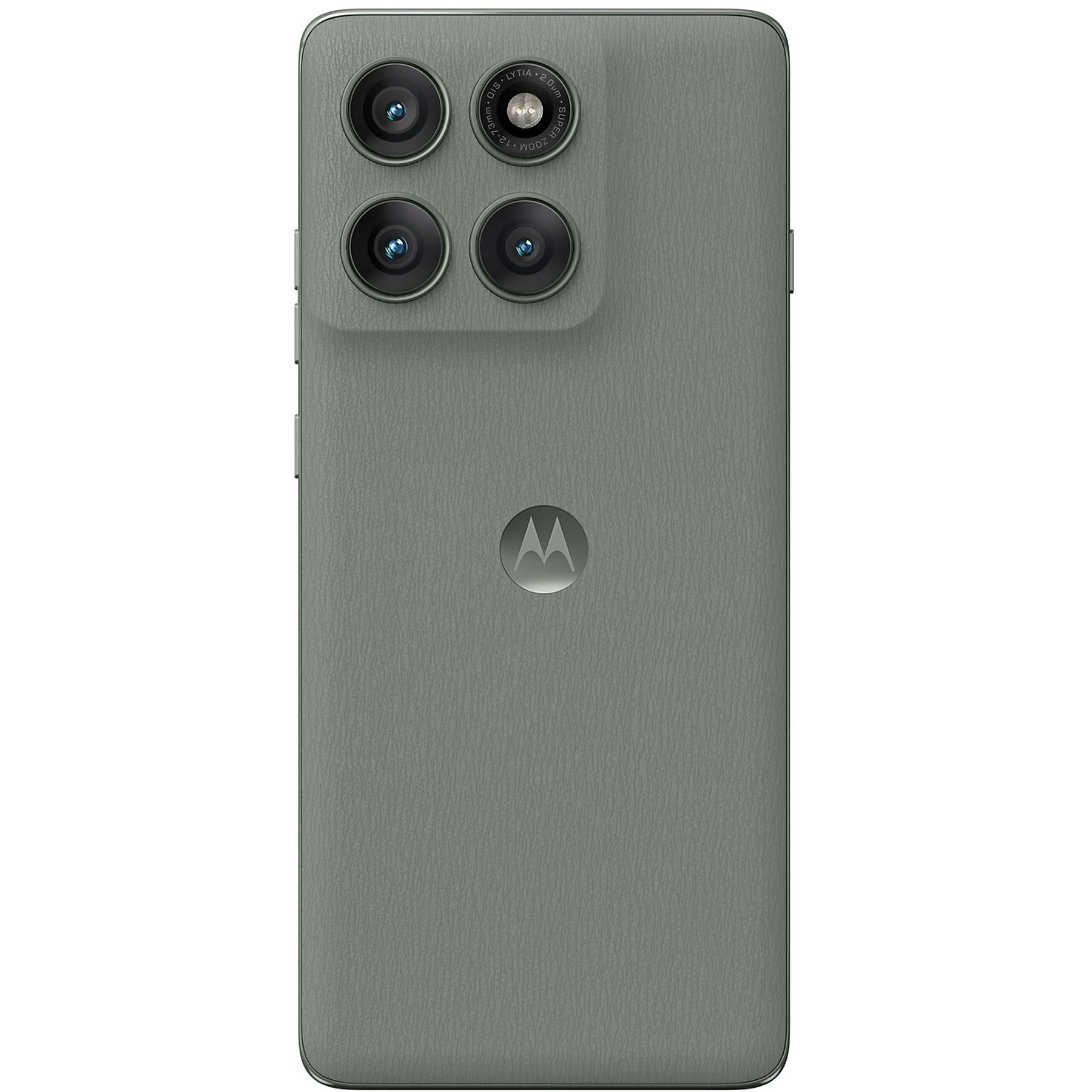 Parte trasera de un smartphone con cuatro lentes de cámara. Es gris con superficie texturizada y logo Motorola.
