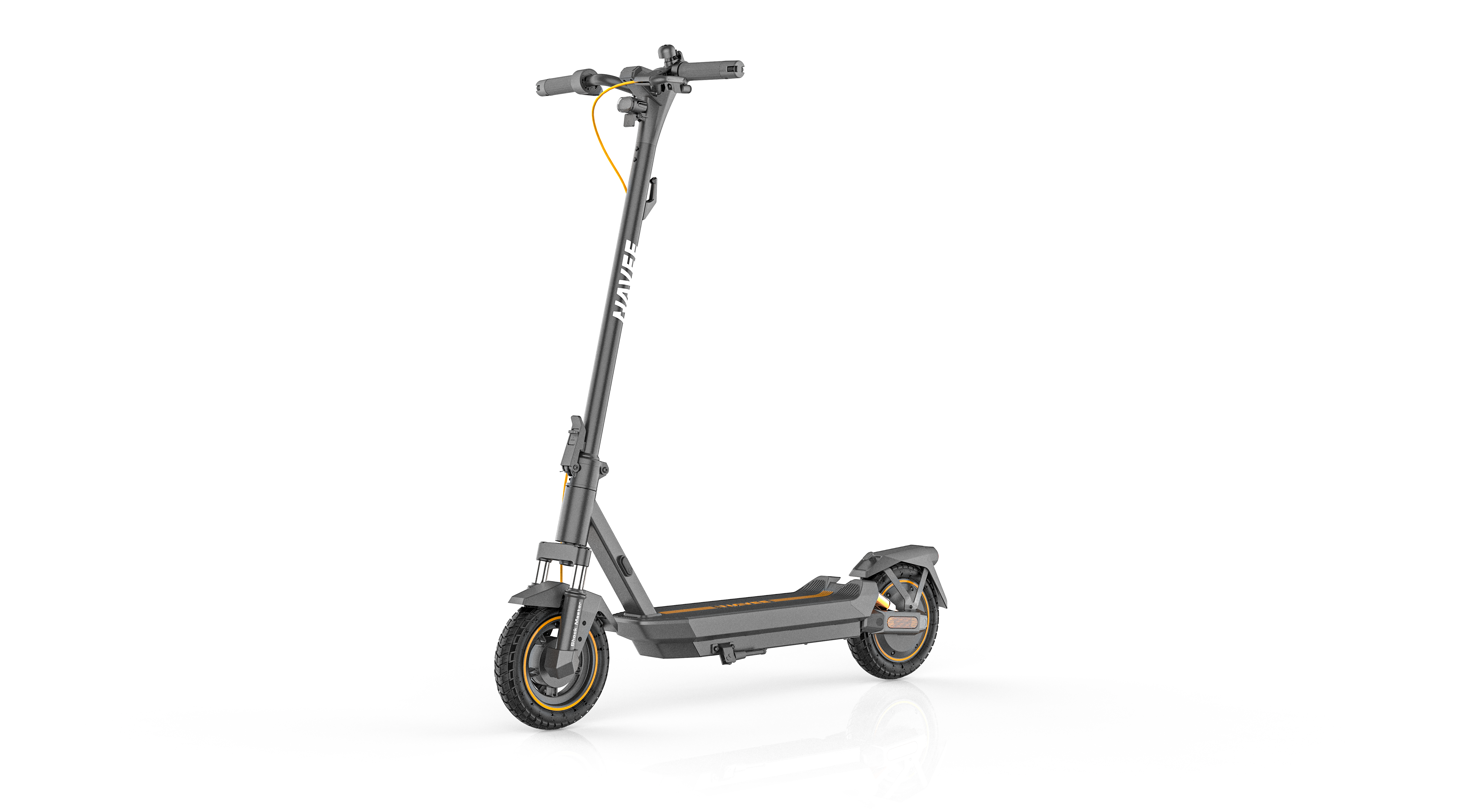 Un patinete eléctrico gris Navee sobre fondo blanco. Tiene neumáticos negros con llantas amarillas y un cable amarillo.