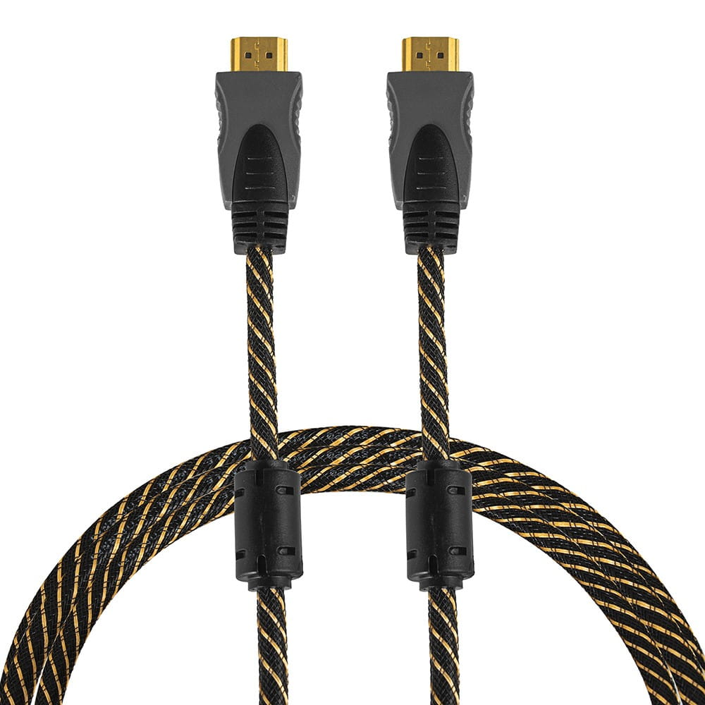 Dwa kable HDMI ze złotymi złączami. Kable czarno-złote. Szare obudowy złączy. Białe tło.