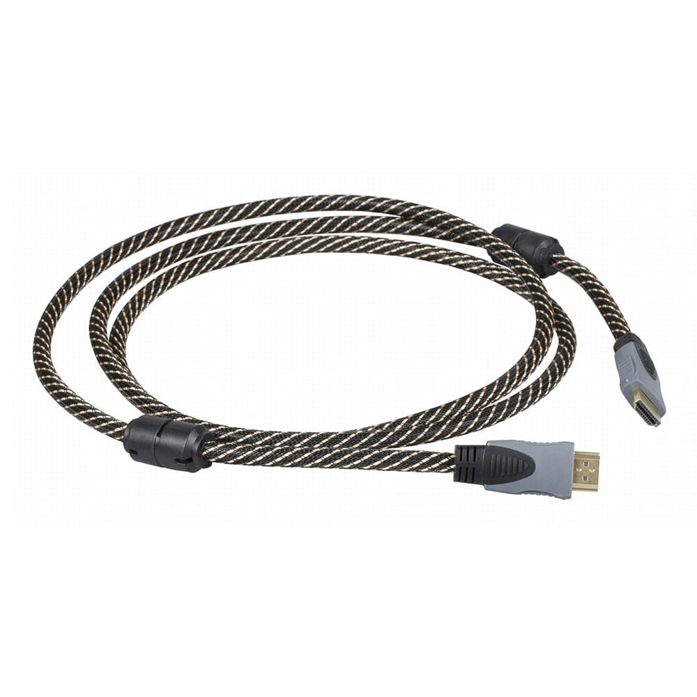 Kabel HDMI z czarno-białym plecionym kablem. Szare złącza na obu końcach.