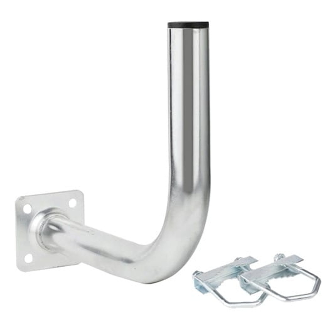 Metalowy uchwyt anteny. Ma kwadratową podstawę, zakrzywioną rurę i czarną nasadkę. Dwa metalowe zaciski po prawej stronie.