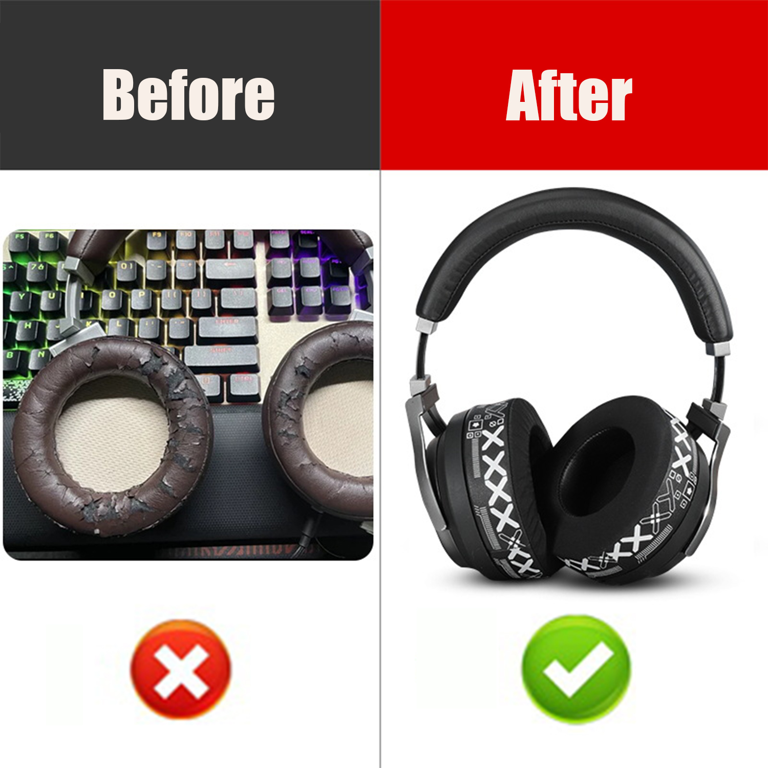 Obraz pokazuje słuchawki przed i po. Przed: zużyte nauszniki. Po: nowe słuchawki. Klawiatura jest w tle.