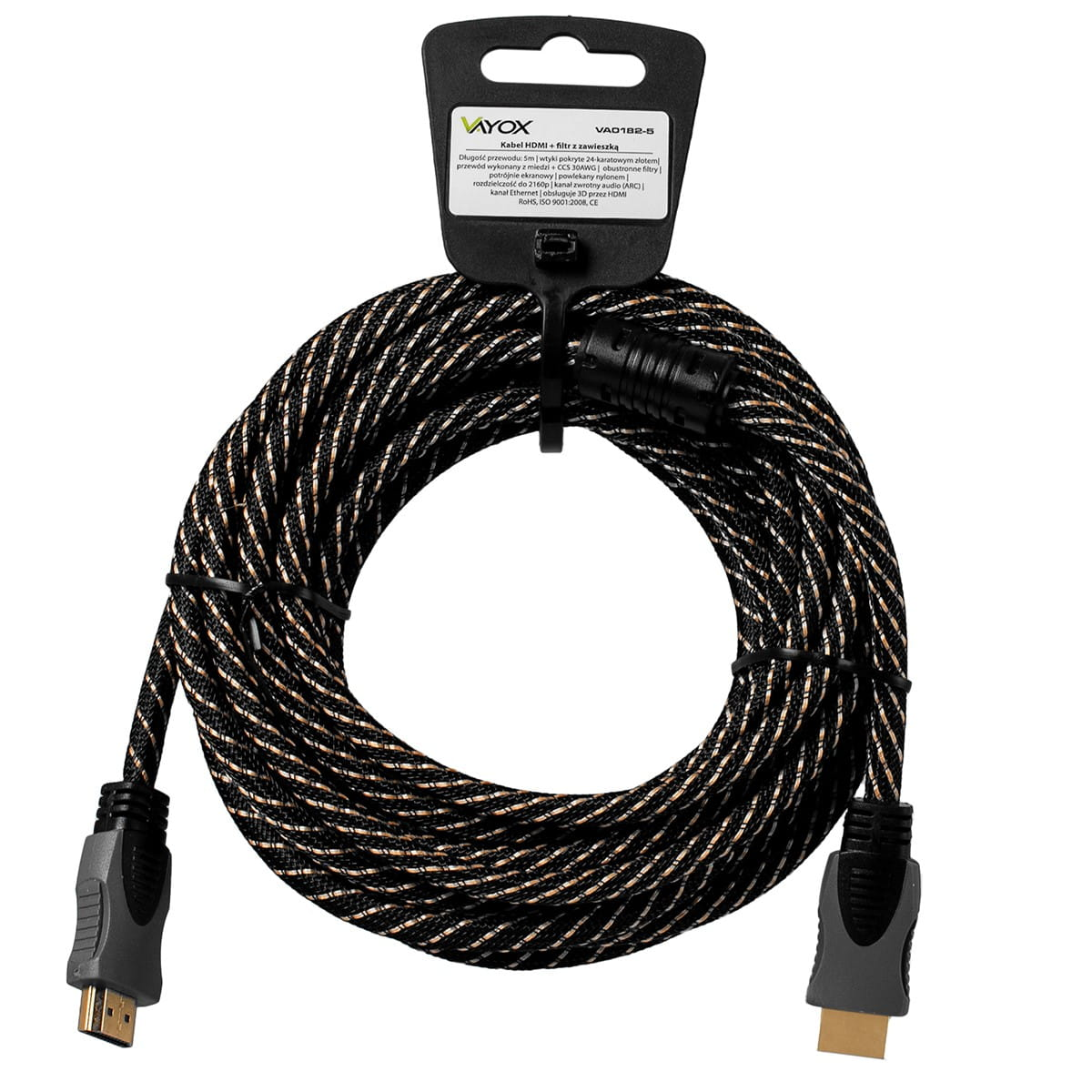 Kabel HDMI z czarno-złotym plecionym wzorem, złączami na obu końcach i etykietą produktu.