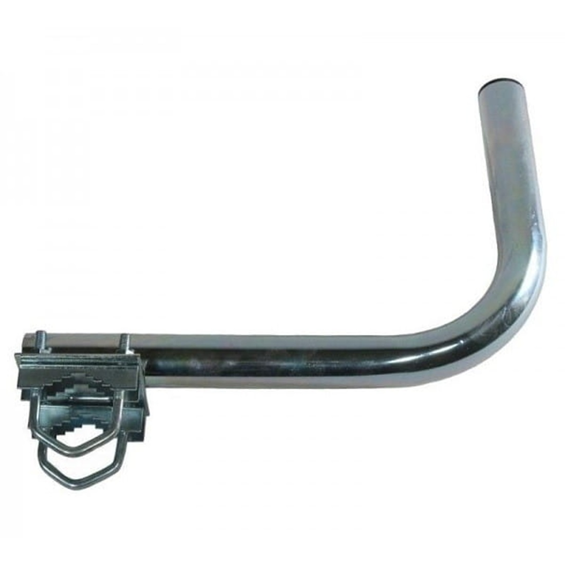 Metalowy wspornik w kształcie litery L, srebrny, z zaciskiem montażowym na jednym końcu. Tło jest białe.