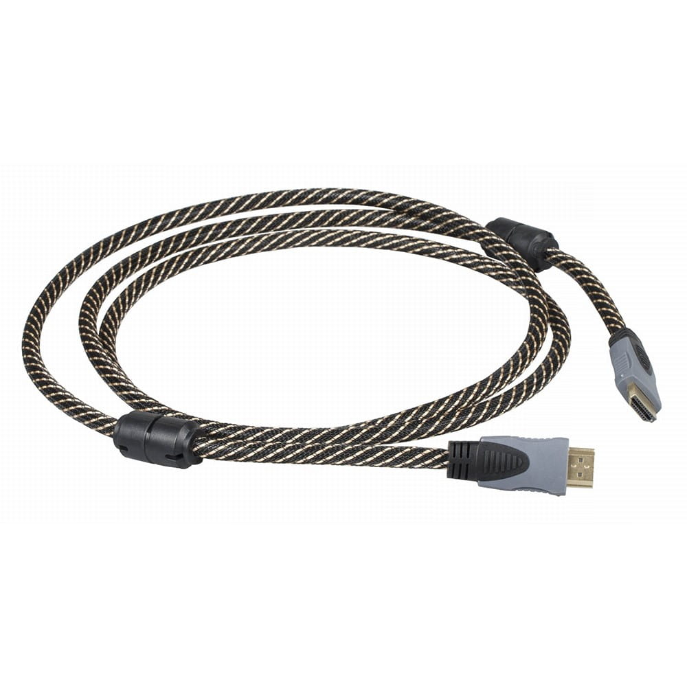 Kabel HDMI z czarno-biało-złotym plecionym wzorem. Ma szare złącza na obu końcach, na białym tle.