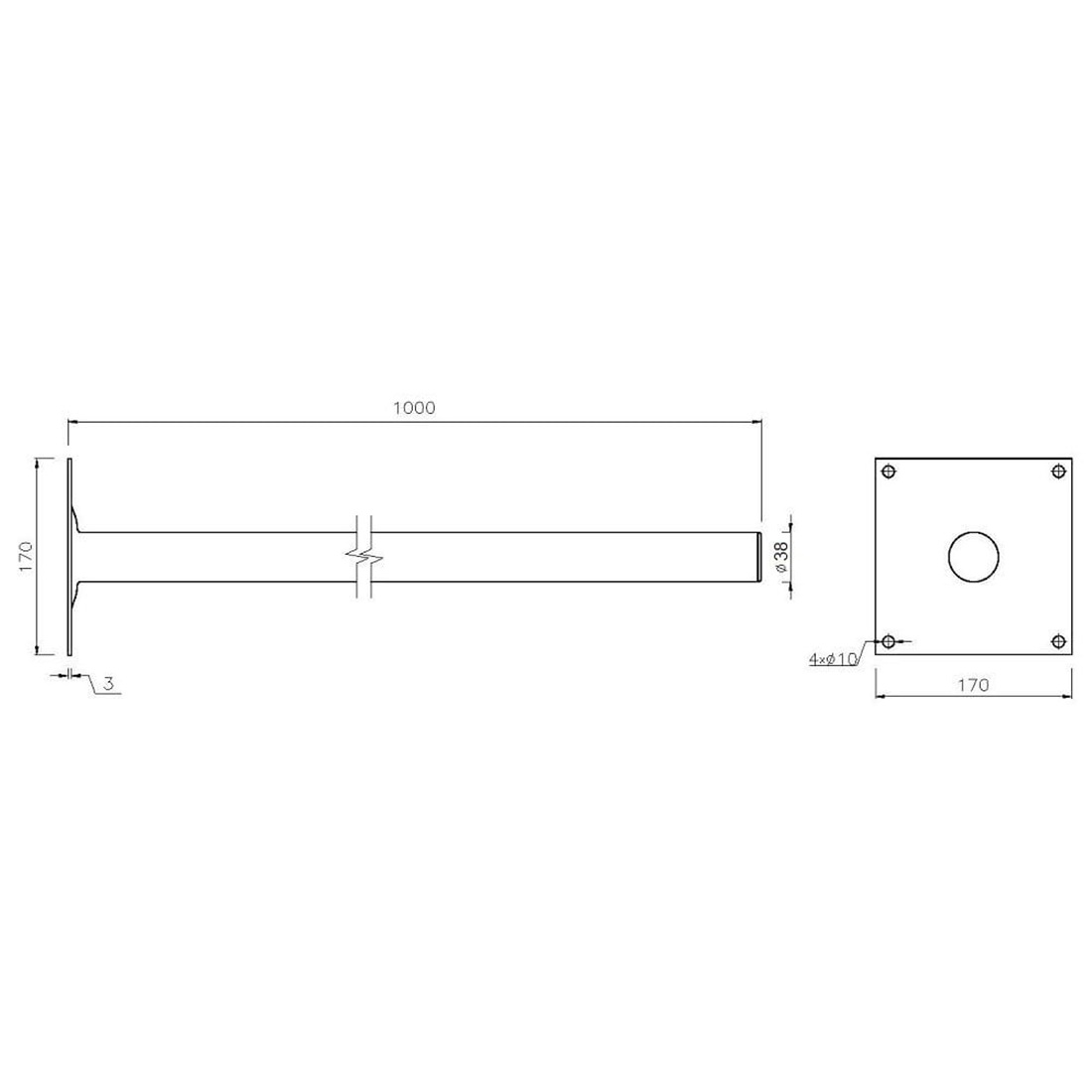Rysunek techniczny konstrukcji metalowej z wymiarami. Przedstawia długą, prostokątną belkę, podstawę i wymiary w milimetrach.