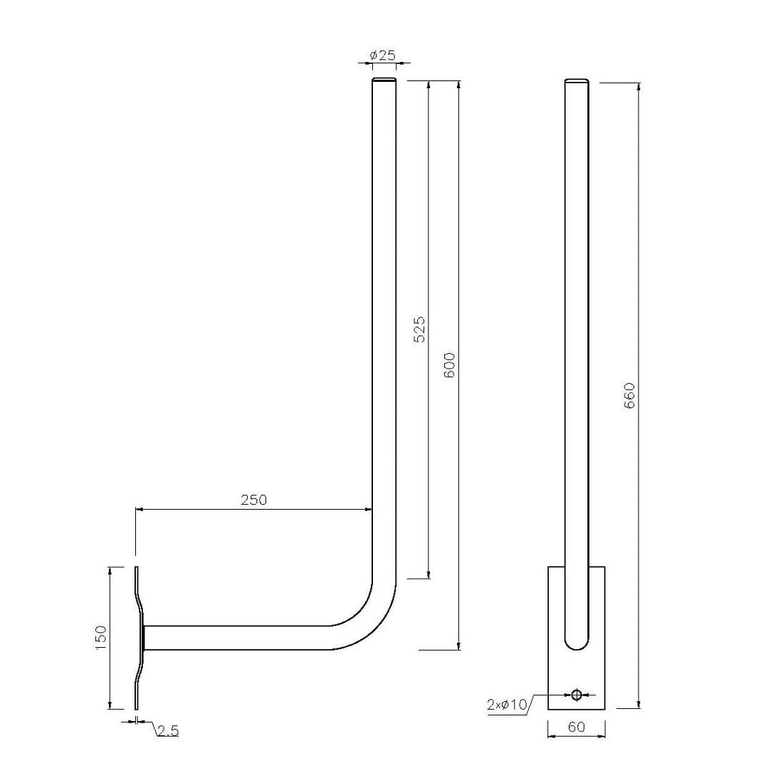 Rysunek techniczny metalowego pręta z wymiarami. Pokazuje zgięty pręt i prosty pręt z wymiarami w mm.