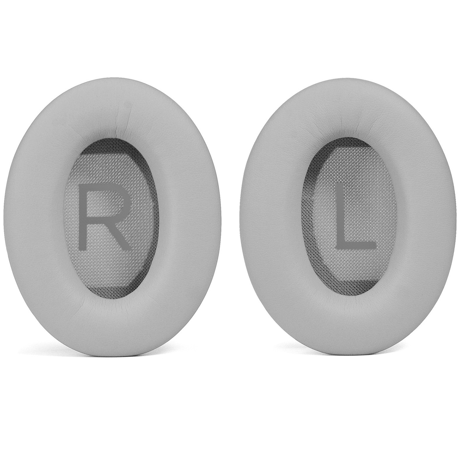Dwie szare poduszki na uszy do słuchawek, jedna oznaczona literą 'R', druga 'L'. Obie mają siatkowy środek.