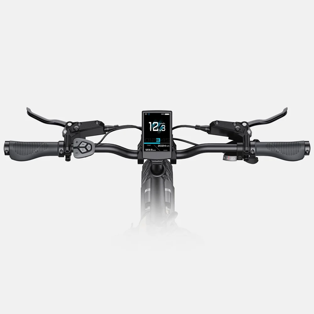 Vista del manubrio della bici con display che mostra la velocità 12,3, leve del freno e manopole. Telaio e comandi neri.