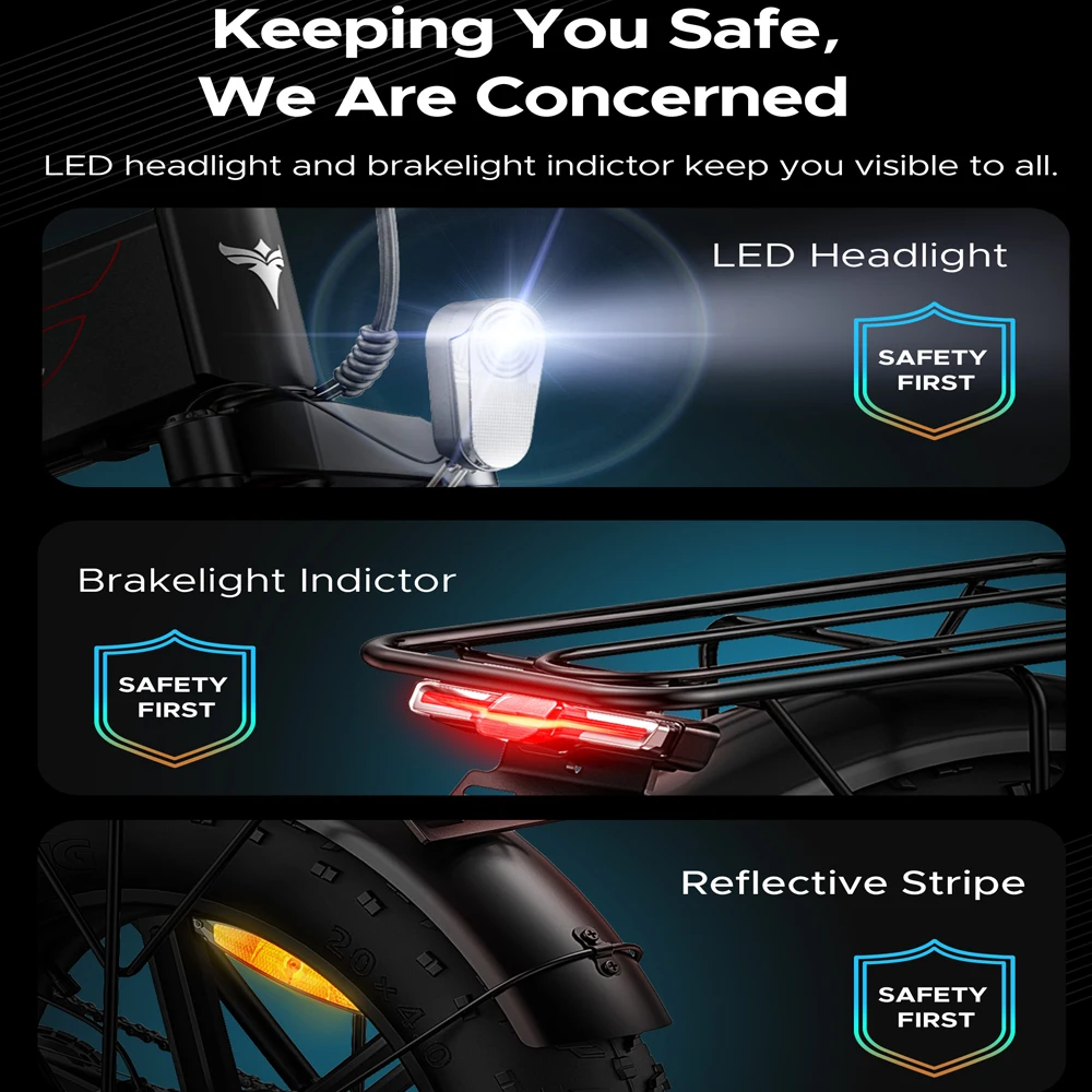 Immagine che mostra faro a LED, indicatore luce freno e striscia riflettente su bici nera, con etichette di sicurezza.