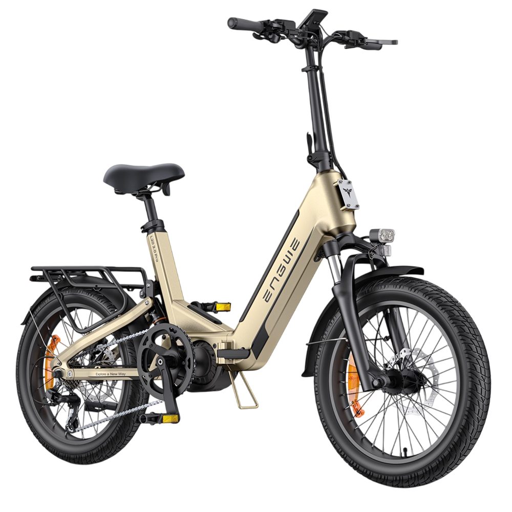 Viene mostrata una bici elettrica pieghevole dorata. Ha pneumatici neri, un sedile nero e un portapacchi nero. La parola ENGWE è sul telaio.