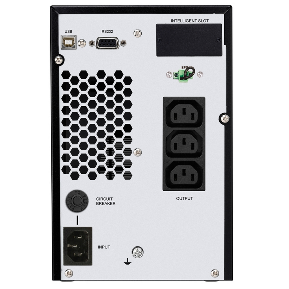 Retro di un UPS nero. Presenta porte USB, RS232, ventilazione a nido d'ape, tre prese di uscita, presa di ingresso e interruttore automatico.