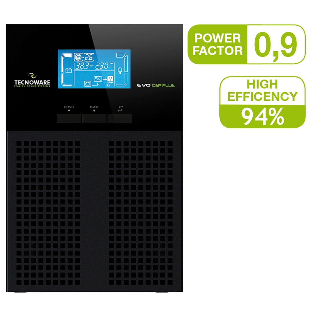 UPS nero con display che mostra le letture. I tag verdi indicano un fattore di potenza di 0,9 e un'elevata efficienza del 94%.