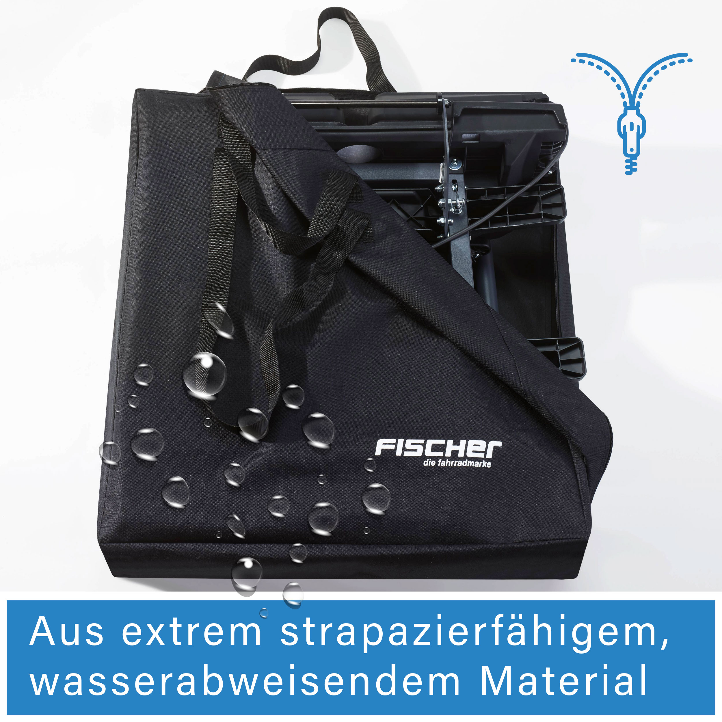 Schwarze Tasche mit Fahrradteilen, Marke Fischer. Wassertropfen auf der Tasche. Weißer Hintergrund mit Reißverschlussgrafik.