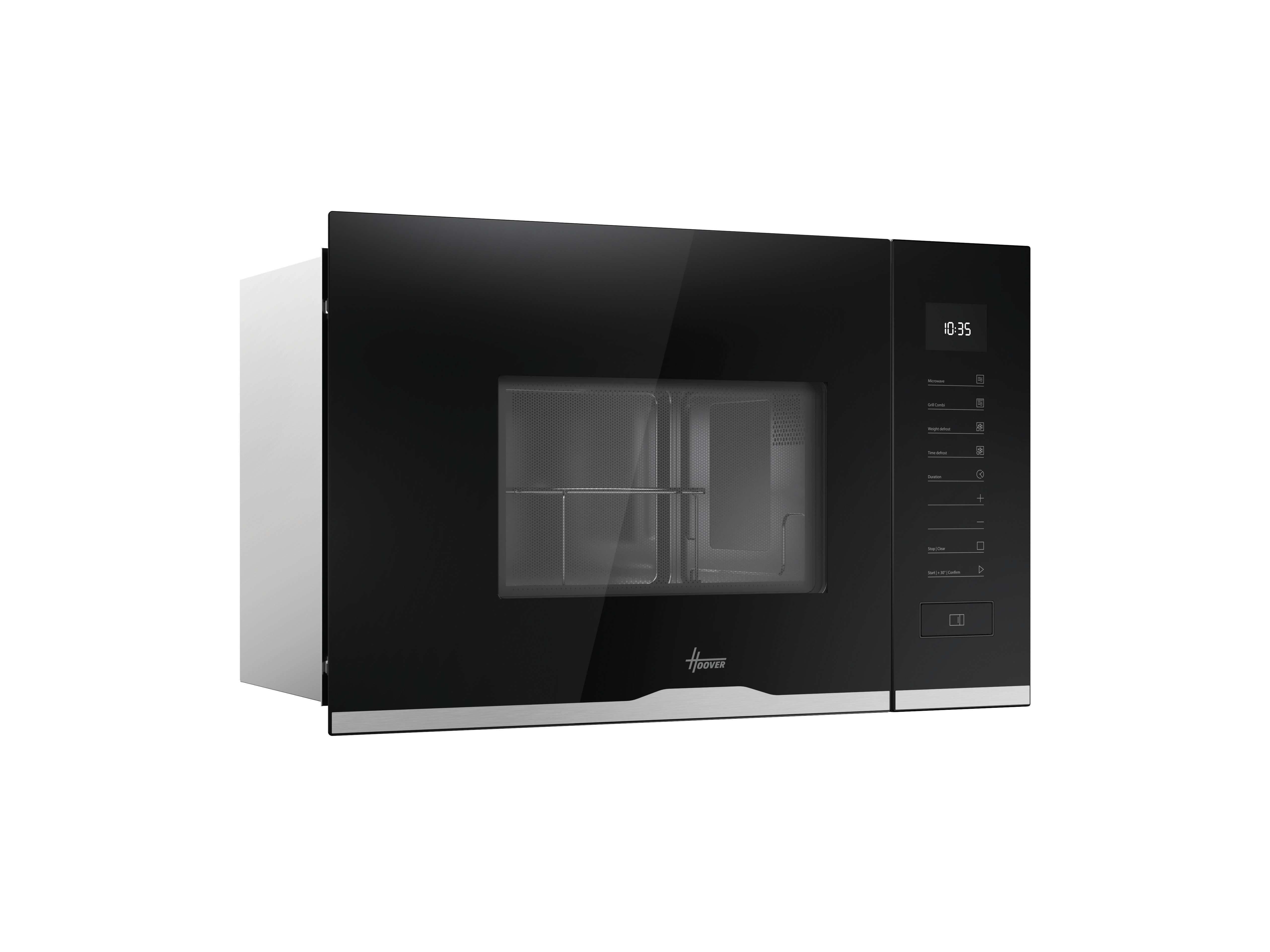 Un microondas Hoover negro con pantalla digital que muestra 10:35. Tiene panel de control y puerta de vidrio brillante.