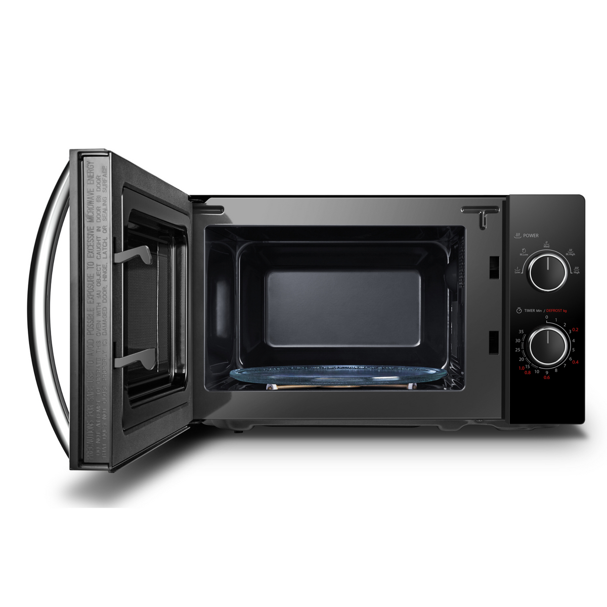 Un horno microondas negro con la puerta abierta. Dentro hay un plato de vidrio. El panel de control está en el lado derecho.
