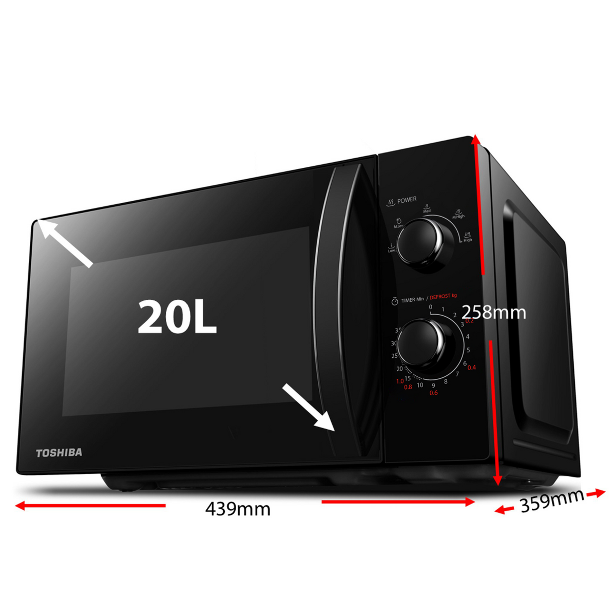 Un horno microondas Toshiba negro de 20L. Dimensiones: 439mm de ancho, 359mm de profundidad y 258mm de altura.