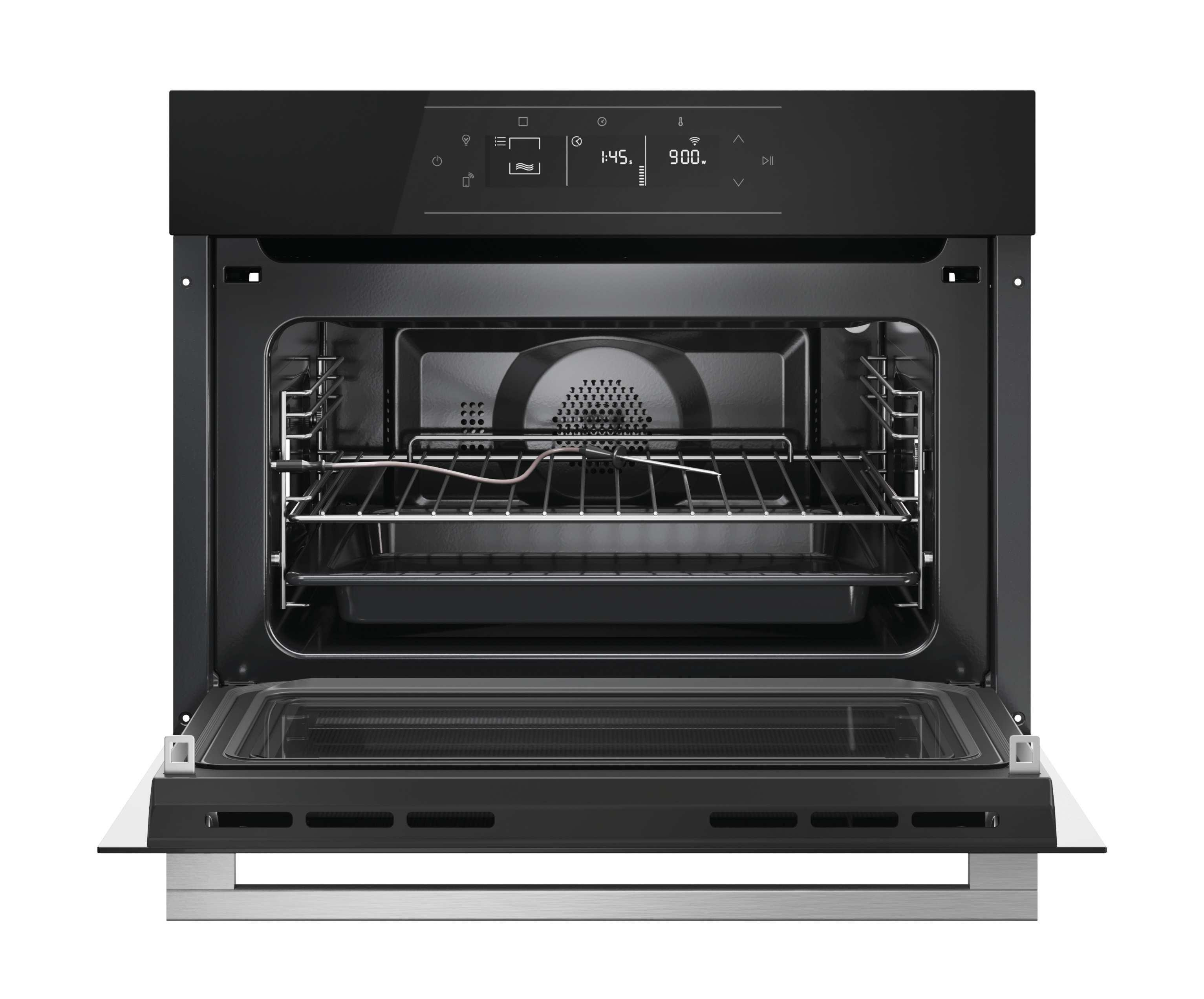 Un forno aperto con esterno nero, che mostra griglie e dettagli interni. La porta è aperta, rivelando l'interno.