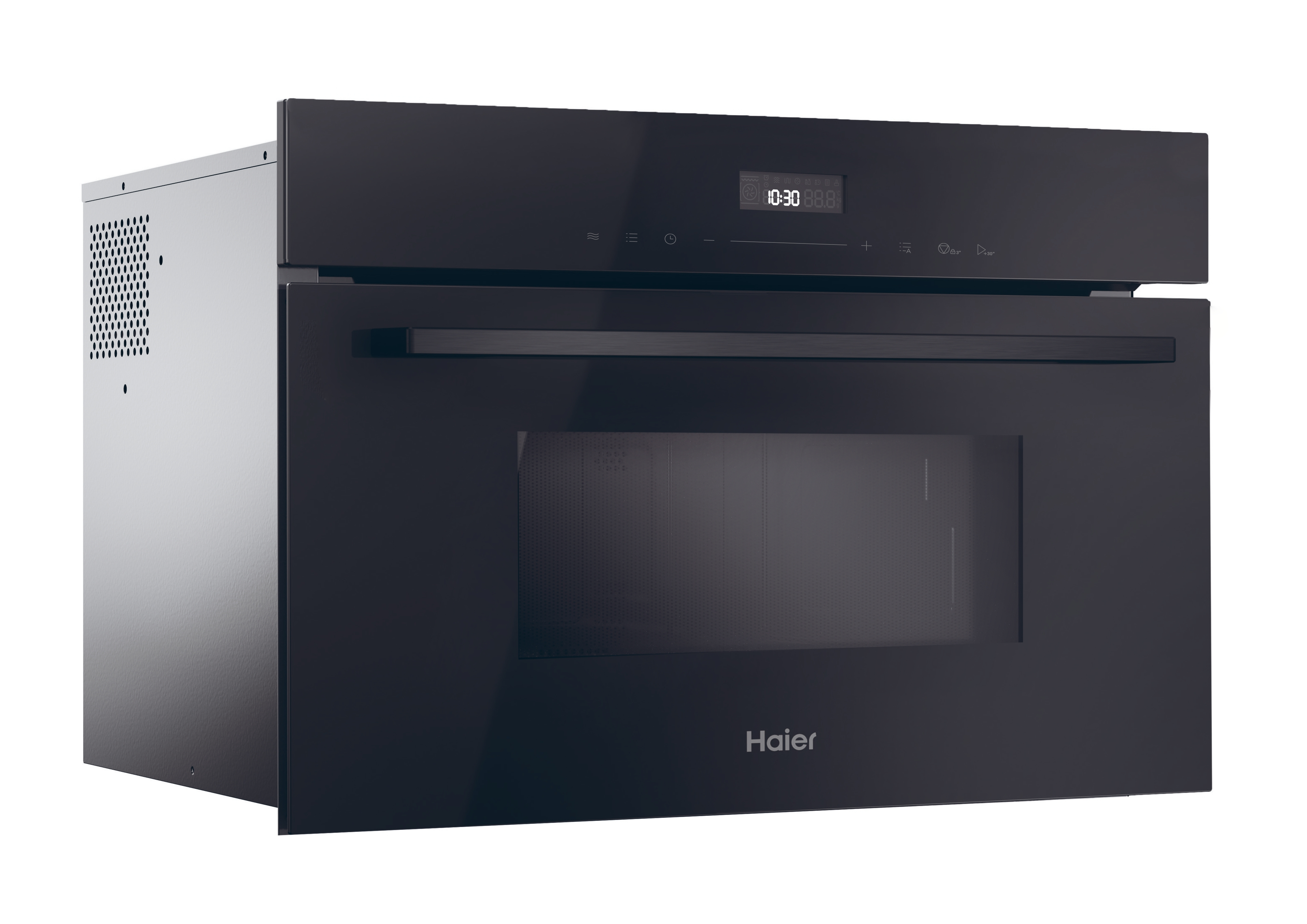 Un forno a microonde Haier nero. Ha un orologio digitale e pulsanti di controllo. Il forno è su sfondo bianco.
