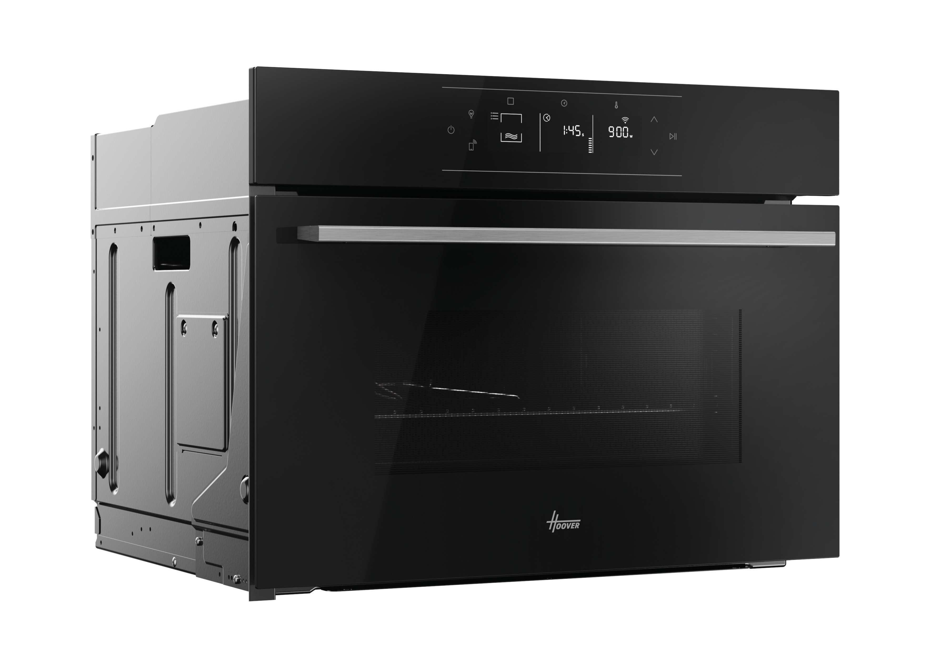 Un forno nero con porta a vetro. Ha un display digitale che mostra ora e temperatura. Il logo Hoover è visibile.