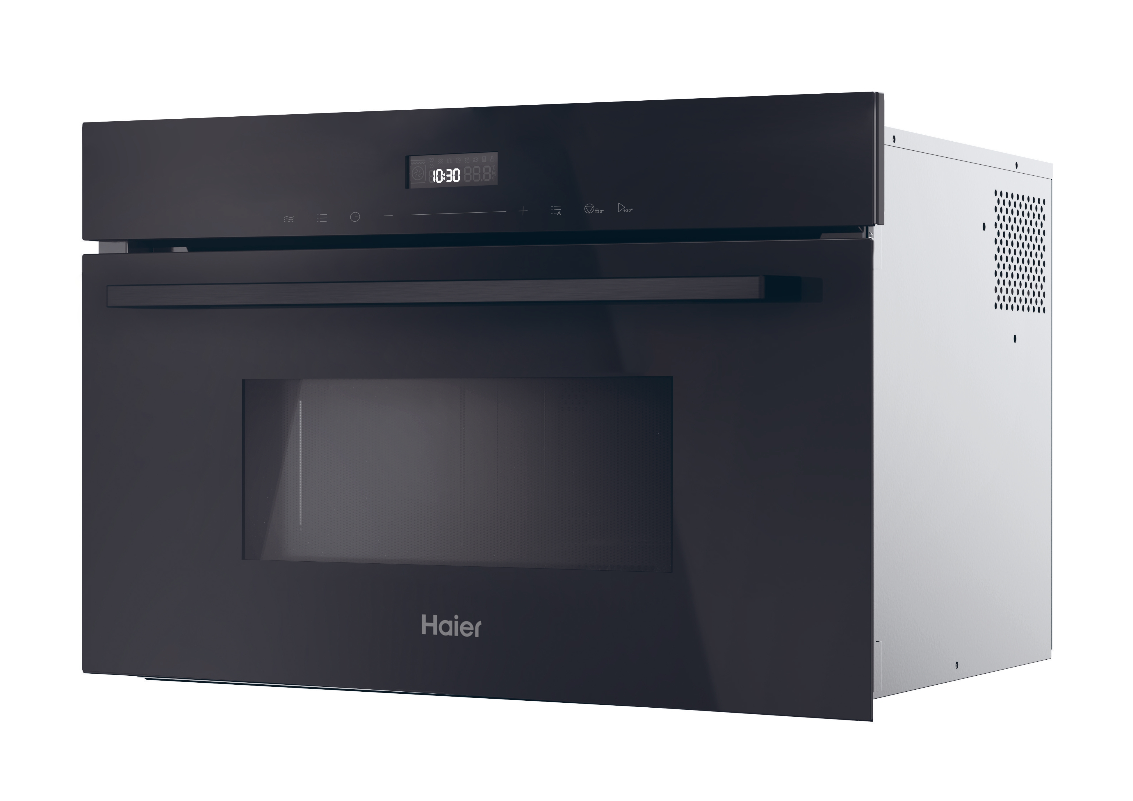 Un forno a microonde Haier nero con display digitale che mostra l'ora. Il forno è su sfondo bianco.