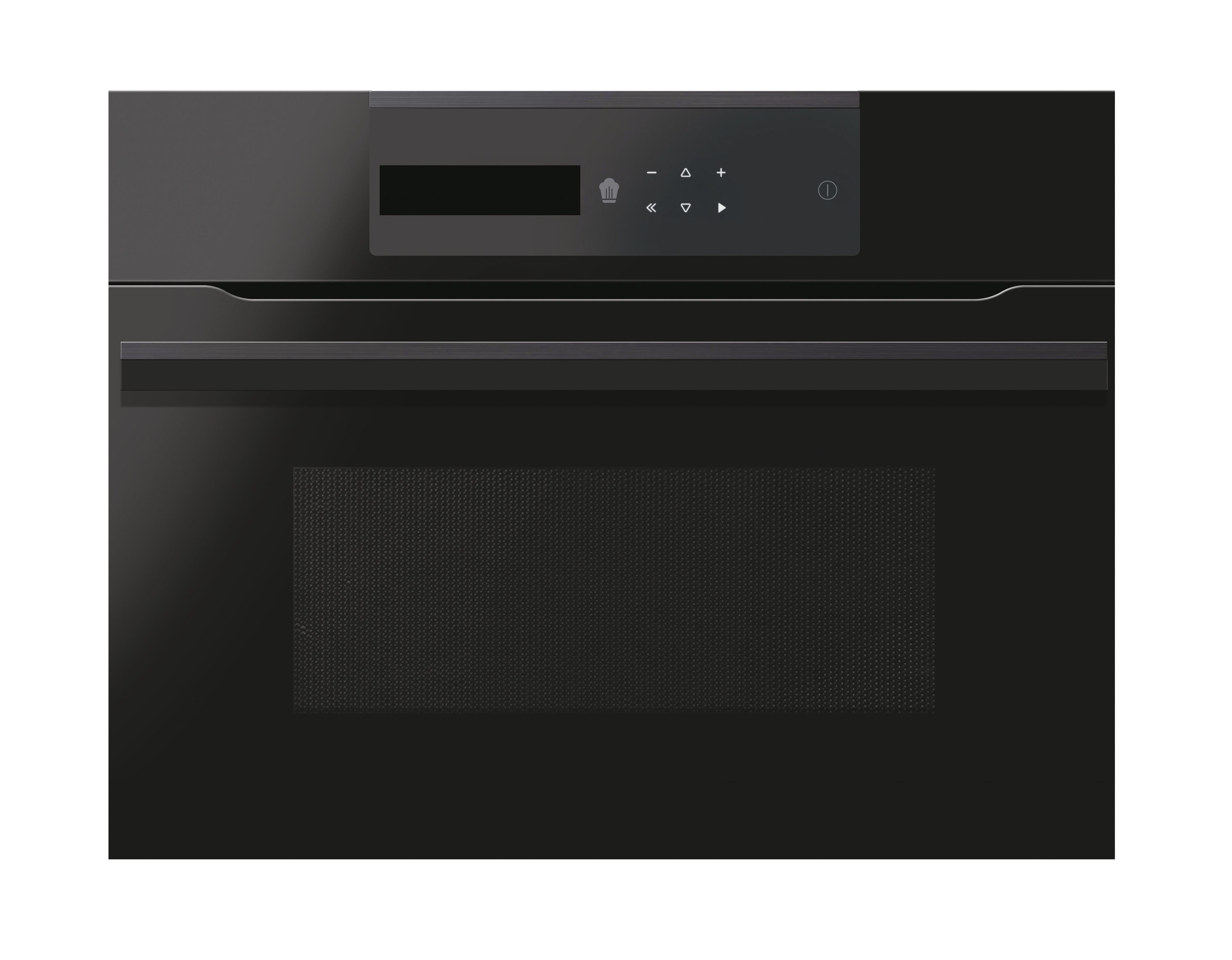 Forno nero a incasso con pannello comandi, pulsanti e display. La porta del forno è scura con superficie.