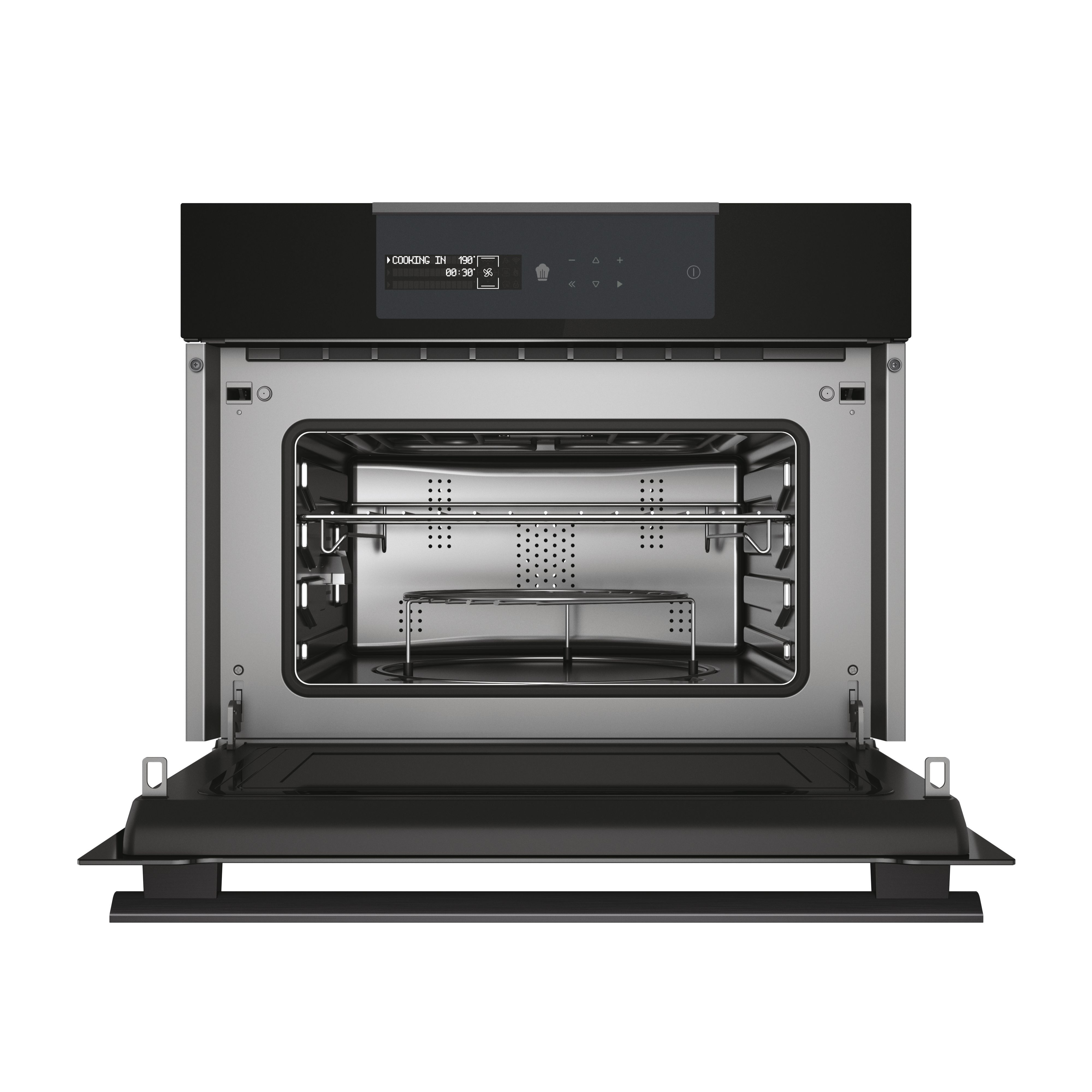 Un forno aperto con ripiani interni. La porta del forno è giù. Un display digitale mostra le impostazioni. Il forno è su sfondo bianco.