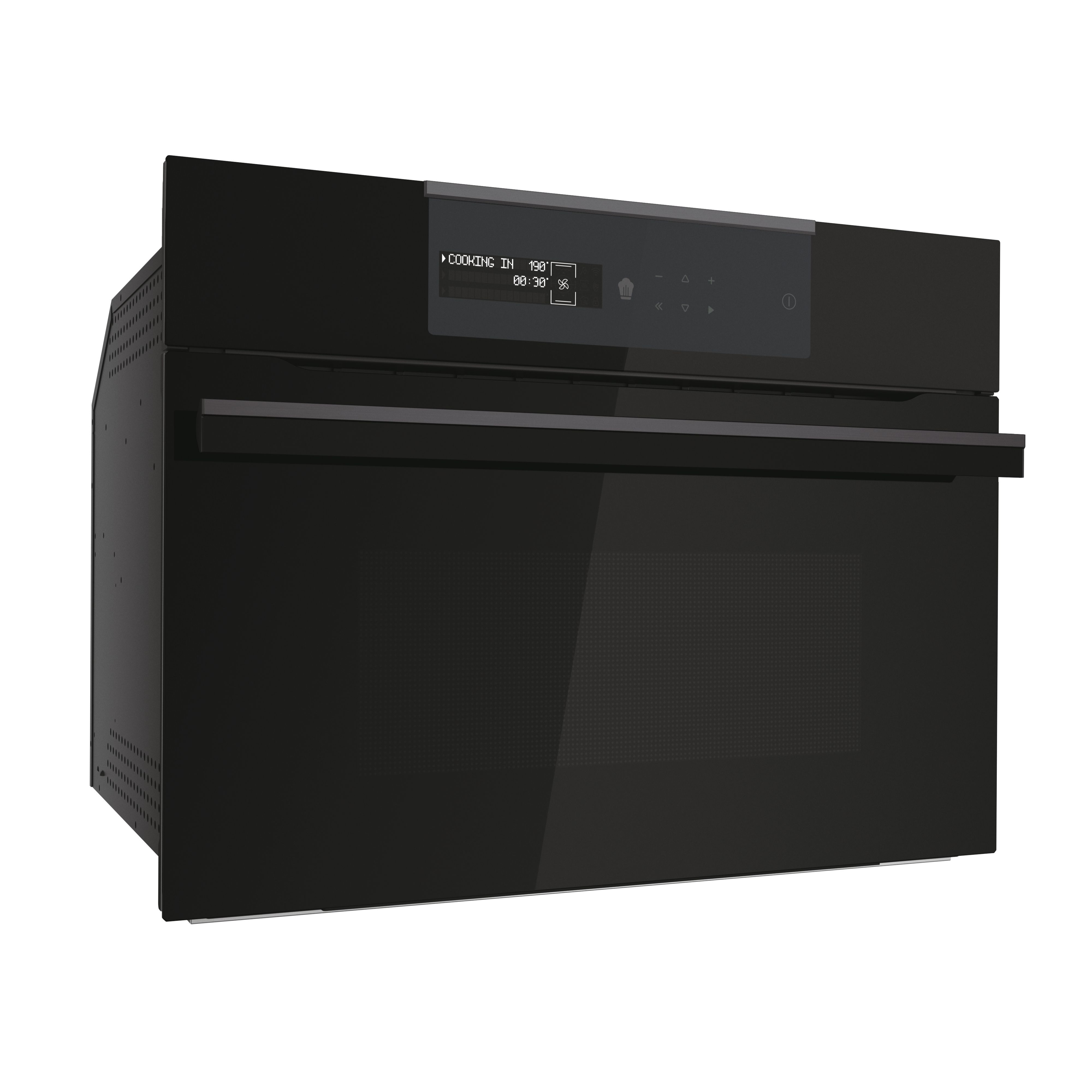 Forno nero con display digitale con informazioni di cottura. Porta con maniglia. Sfondo bianco.