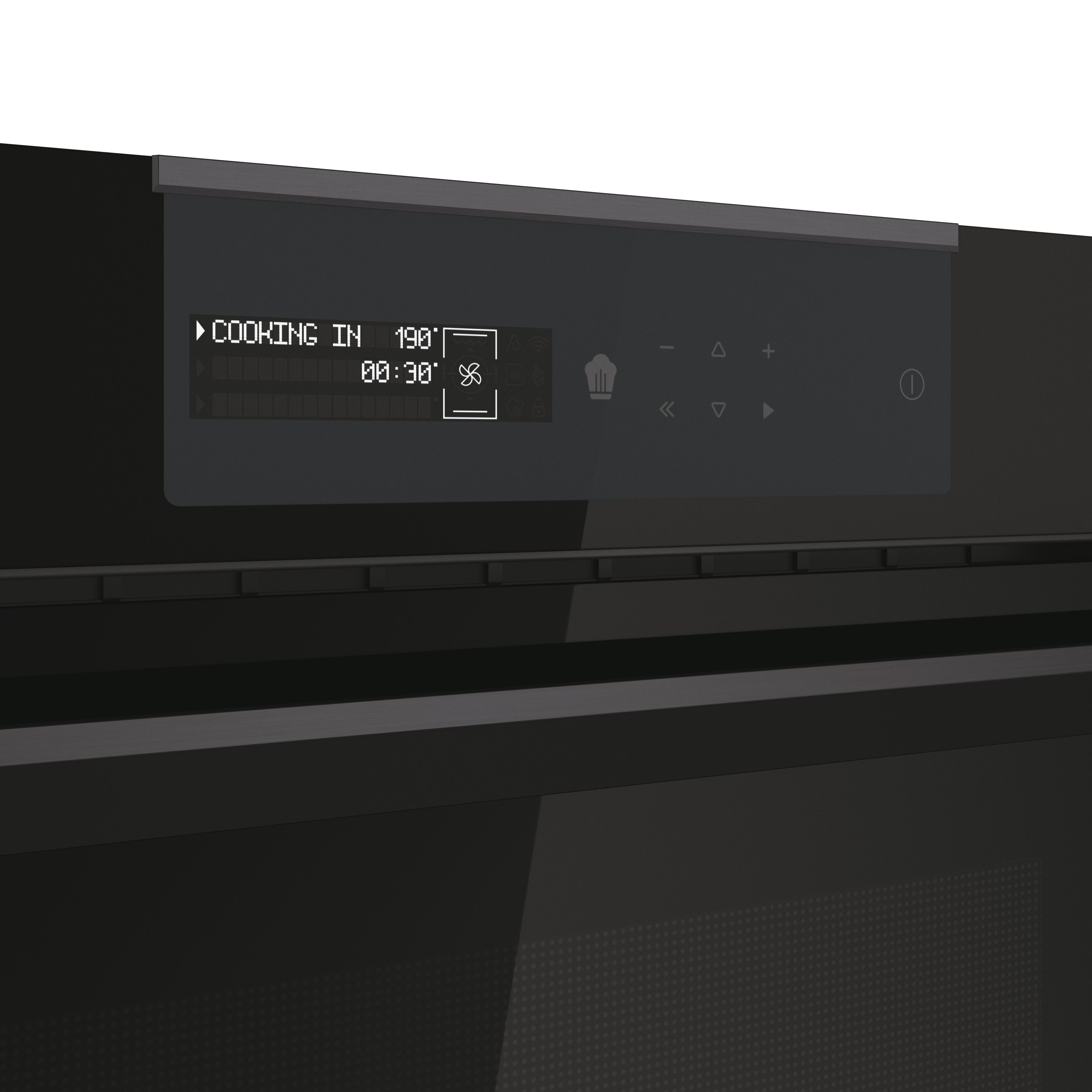 Primo piano del display del forno. Mostra 'Cooking In 190°' e timer '00:30'. Pulsanti sul lato.