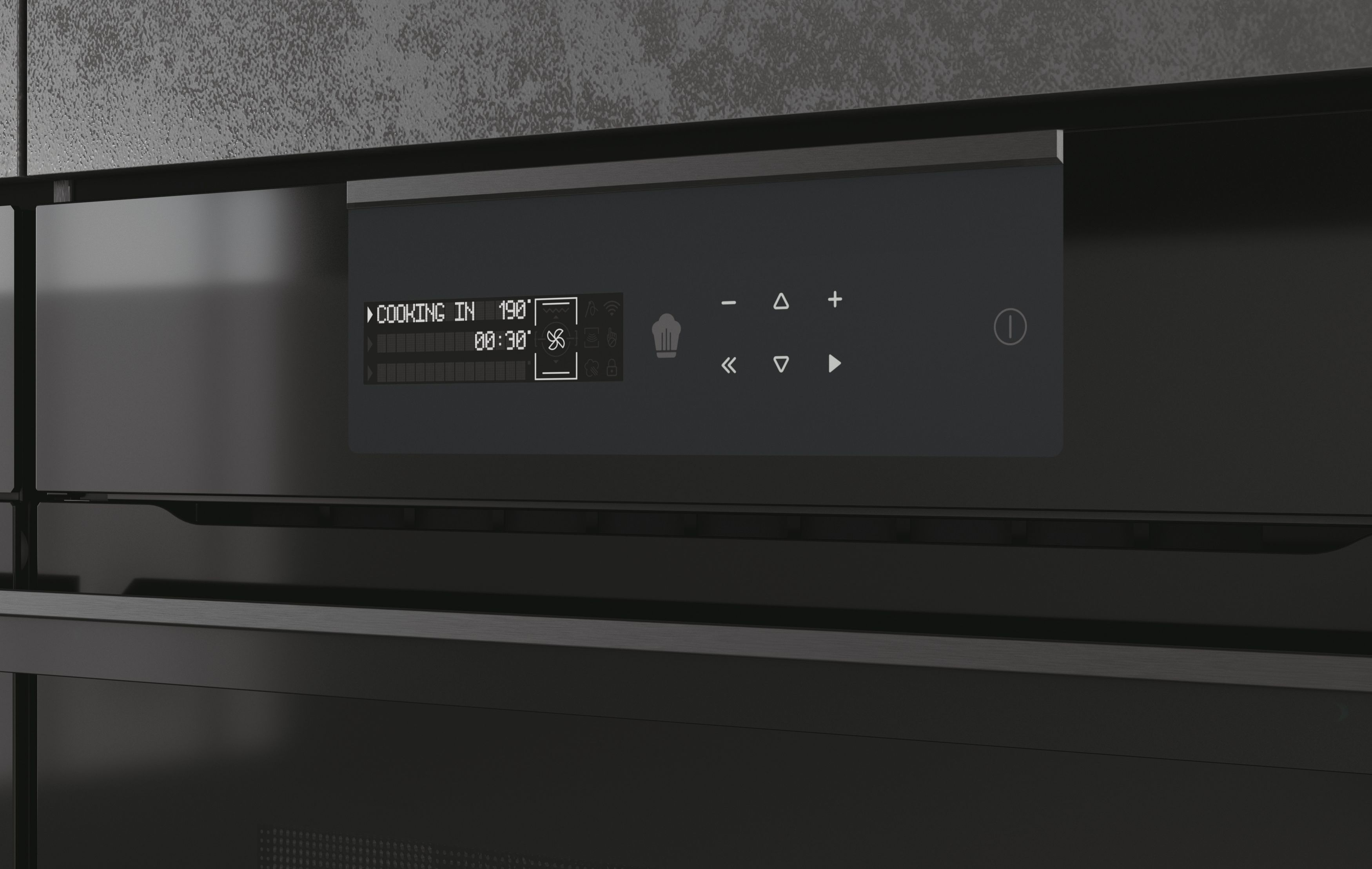Display nero del forno con impostazioni: 190 gradi, timer 00:30. Pulsanti di controllo e simbolo di cottura.