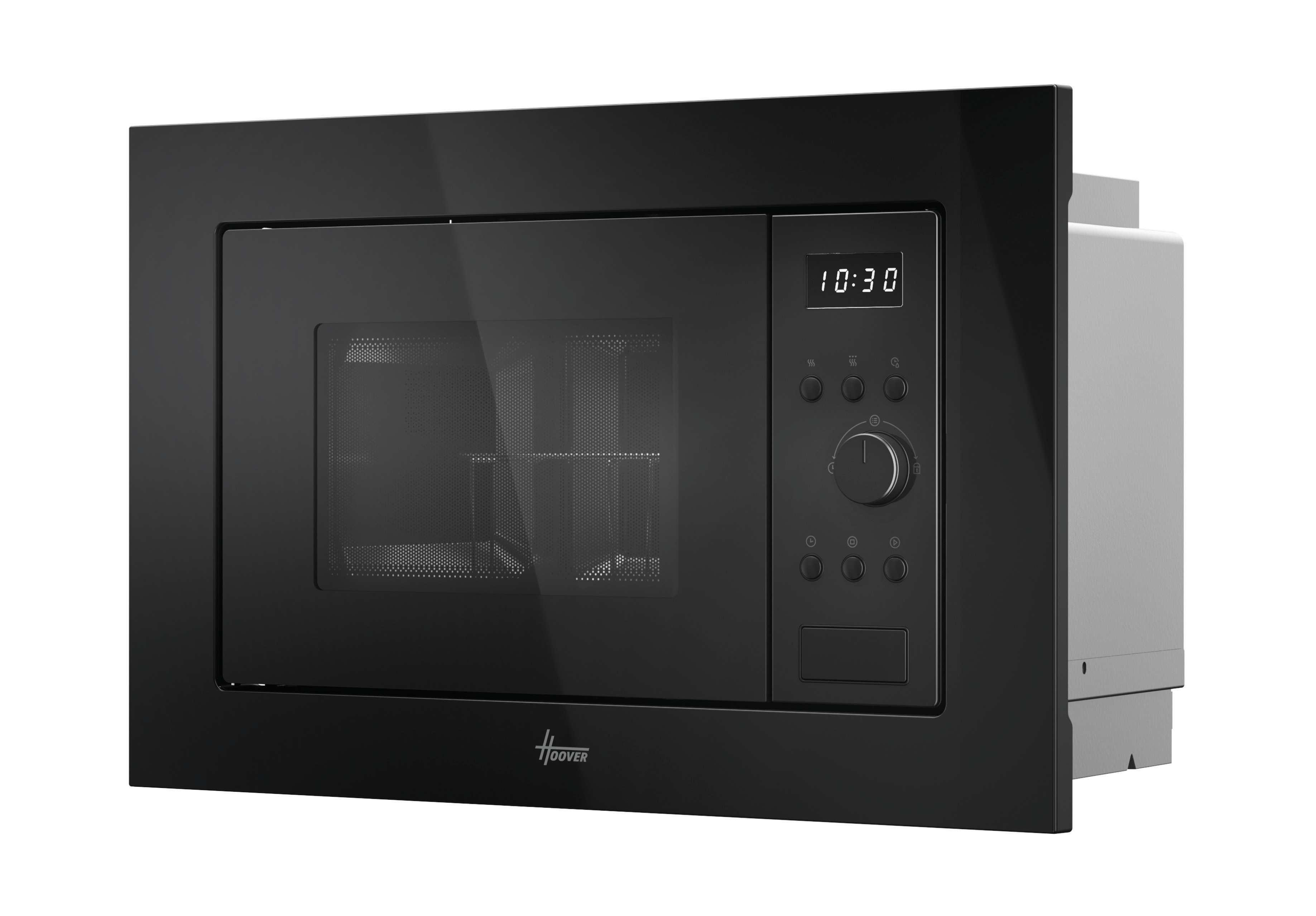 Microondas negro empotrado Hoover. Tiene un reloj digital y un panel de control. La hora que se muestra es 10:30.