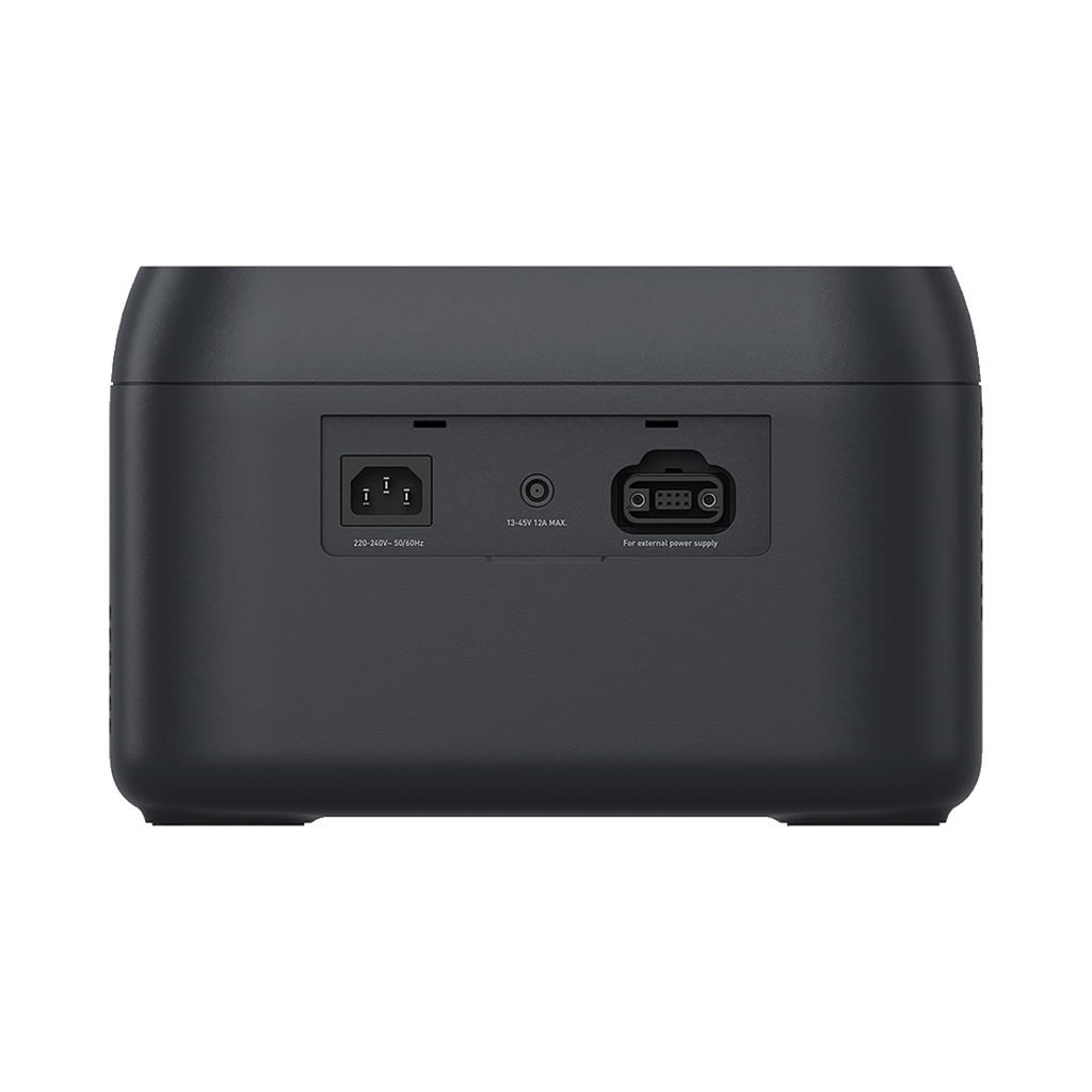 Dark gray device back with power input, port, and external power supply port. Text labels are present.