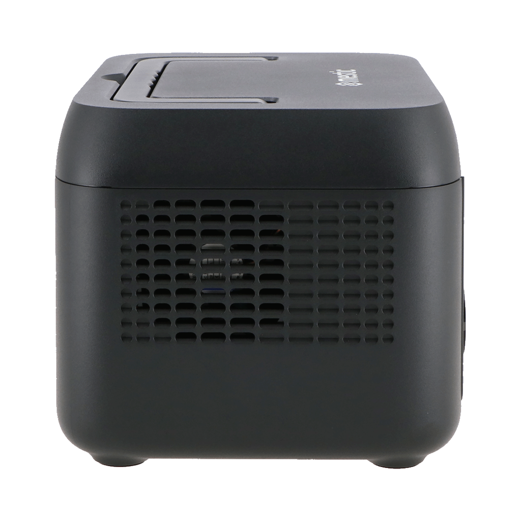 A black rectangular device with a vent on the side. It has a handle on top and is set against a black background.