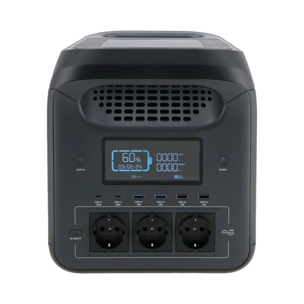A dark gray portable power station with a digital display, multiple ports, and AC outlets. The display shows battery and power details.