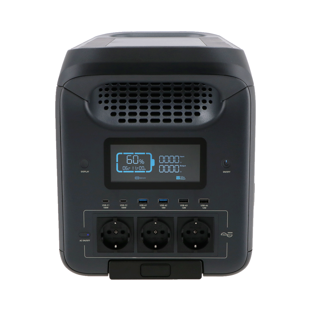 A black power station with a display showing 60% battery, ports, and outlets. It has a handle and various input/output options.