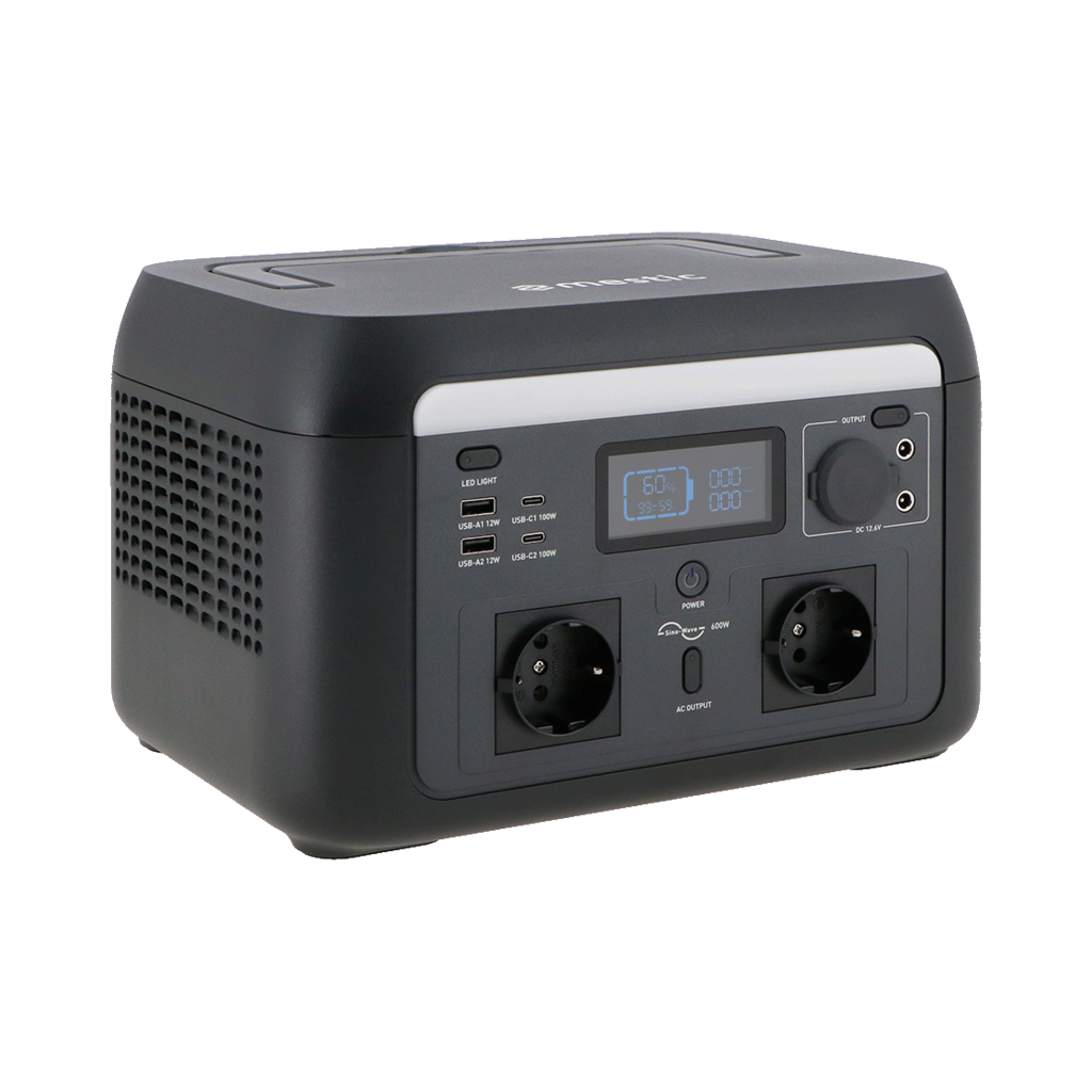 A black power station with a digital display, USB ports, and AC outlets. It has a silver trim and several buttons and indicators.