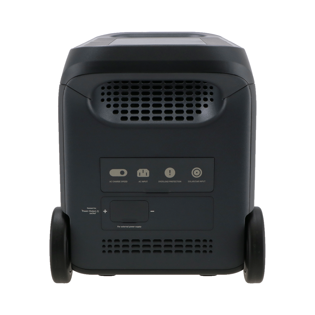 A dark gray power station with wheels. It has multiple input/output ports labeled. Includes AC charge speed, AC input, overload protection.