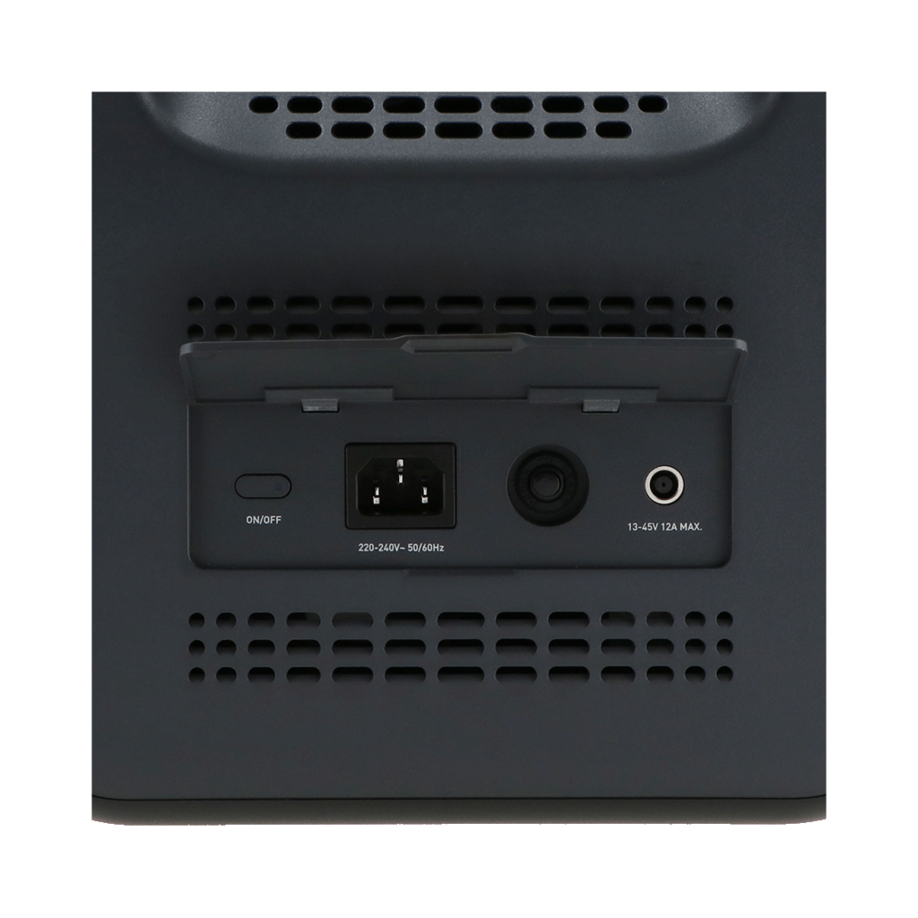 Dark gray device back with vents, power inlet, and various ports labeled 'ON/OFF', '220-240V', and '13-45V 12A MAX'.
