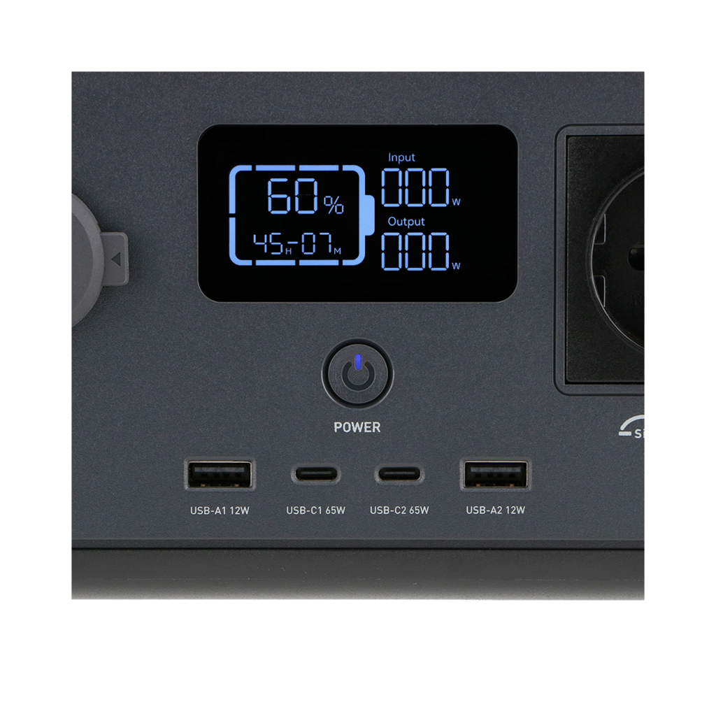 Dark gray power station. Screen shows battery level, time, input and output. Below are USB ports and power button.