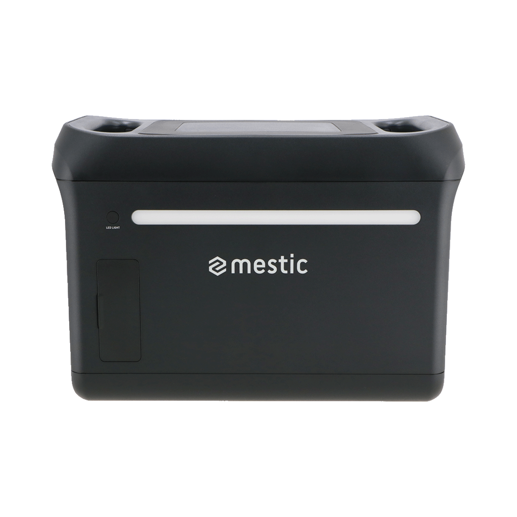 A black mestic device with white light, LED light indicator, and logo, against a black background.