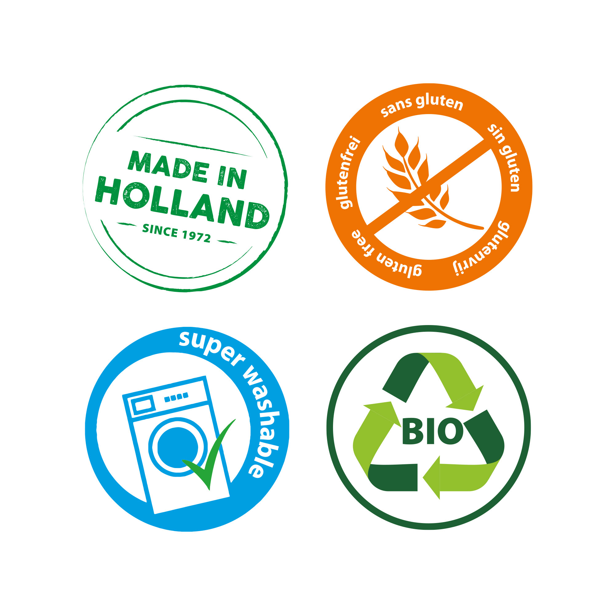 Vier kreisförmige Logos: Hergestellt in Holland, Glutenfrei, Super Waschbar und Bio. Jedes mit verschiedenen Farben und Symbolen.