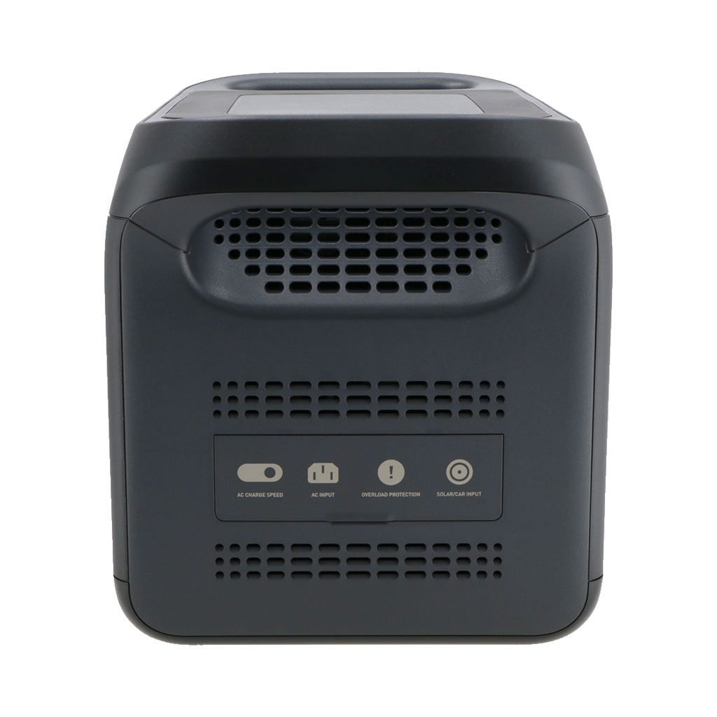 A dark gray power station is shown, with a rectangular body. It has vents, control panel with AC input, and solar/car input.