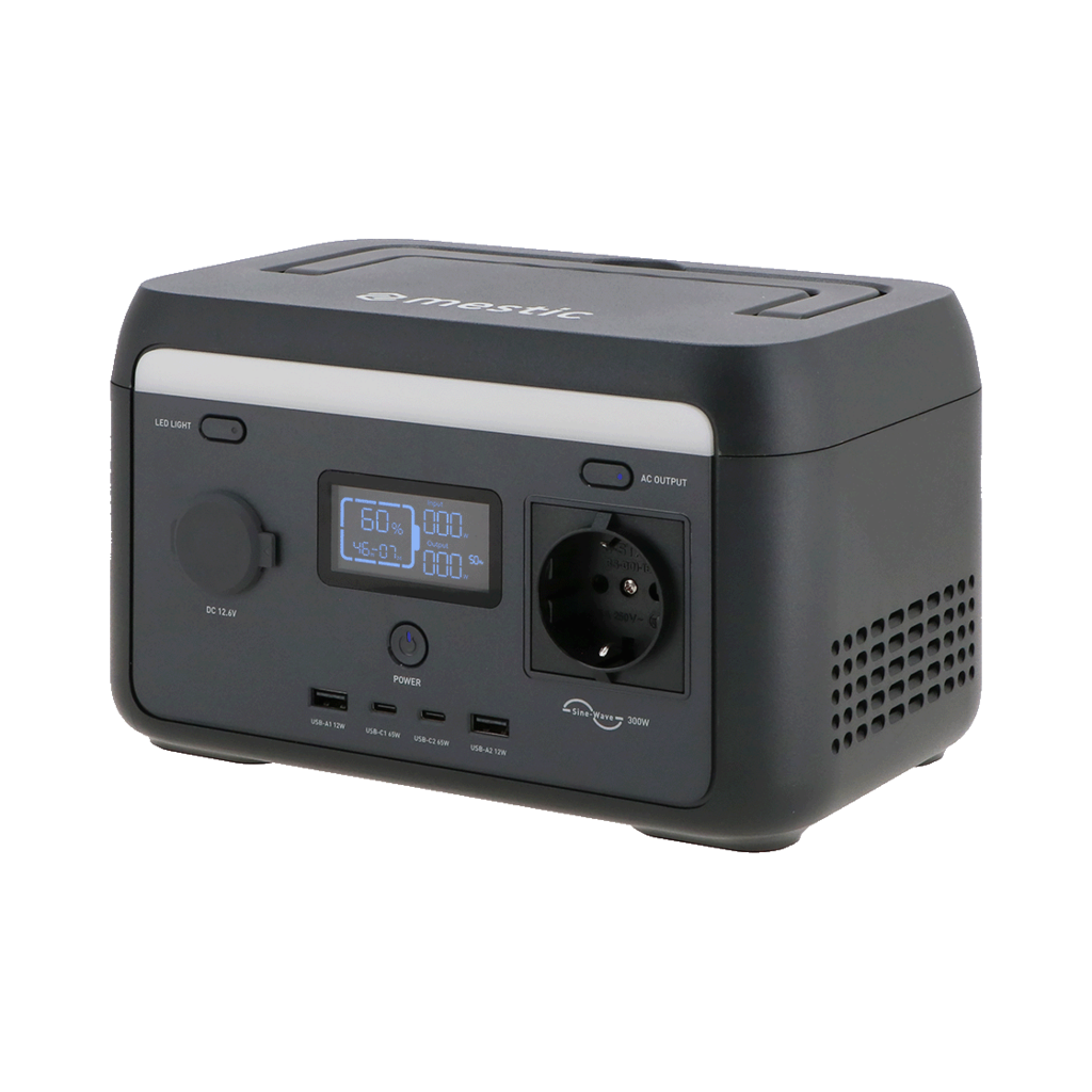 A black and gray portable power station. It has a digital display showing battery level. Features include AC output and USB ports.
