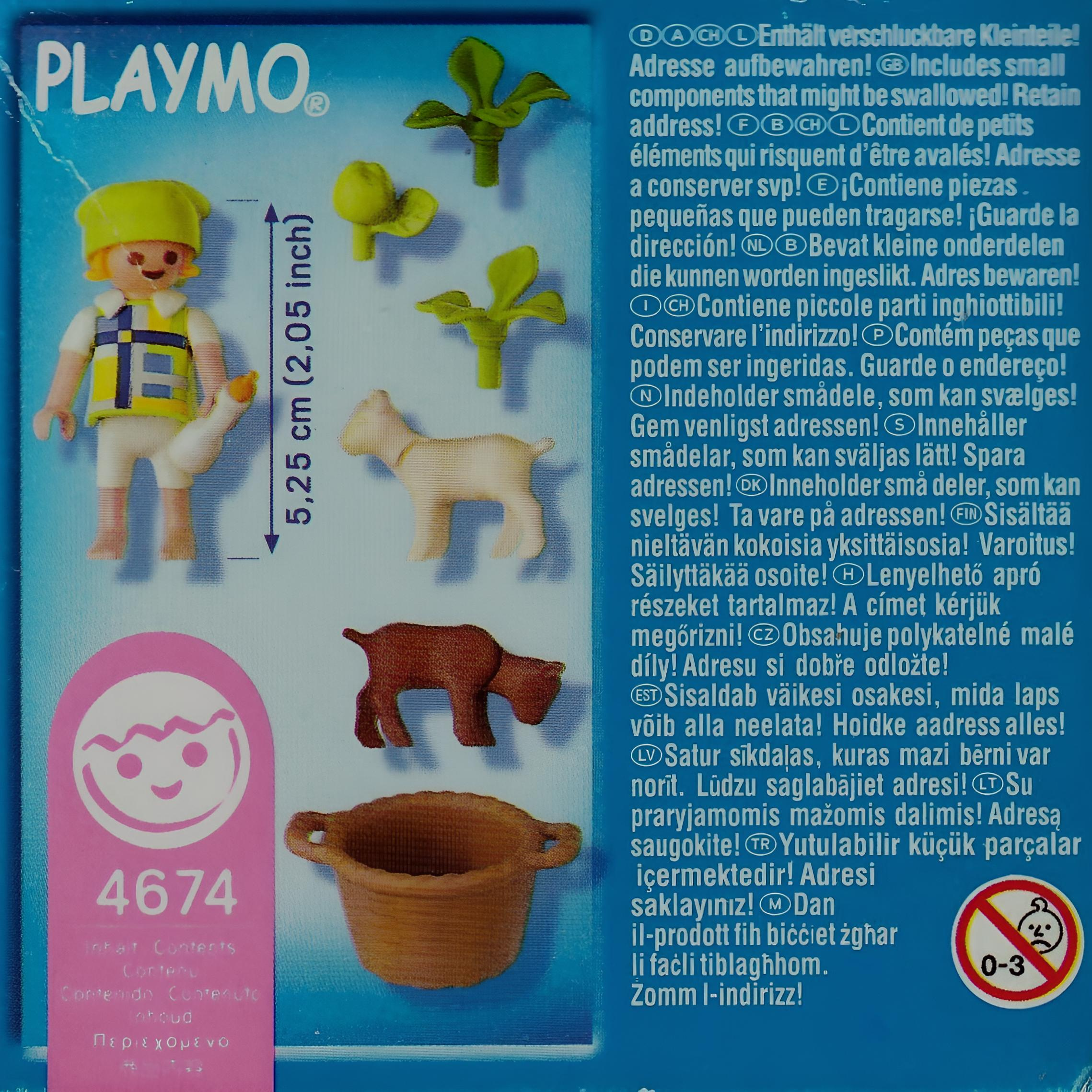 Eine Playmo-Spielzeugset-Box. Sie zeigt eine Figur, kleine Tierfiguren und Pflanzen. Warnung: Kleinteile.